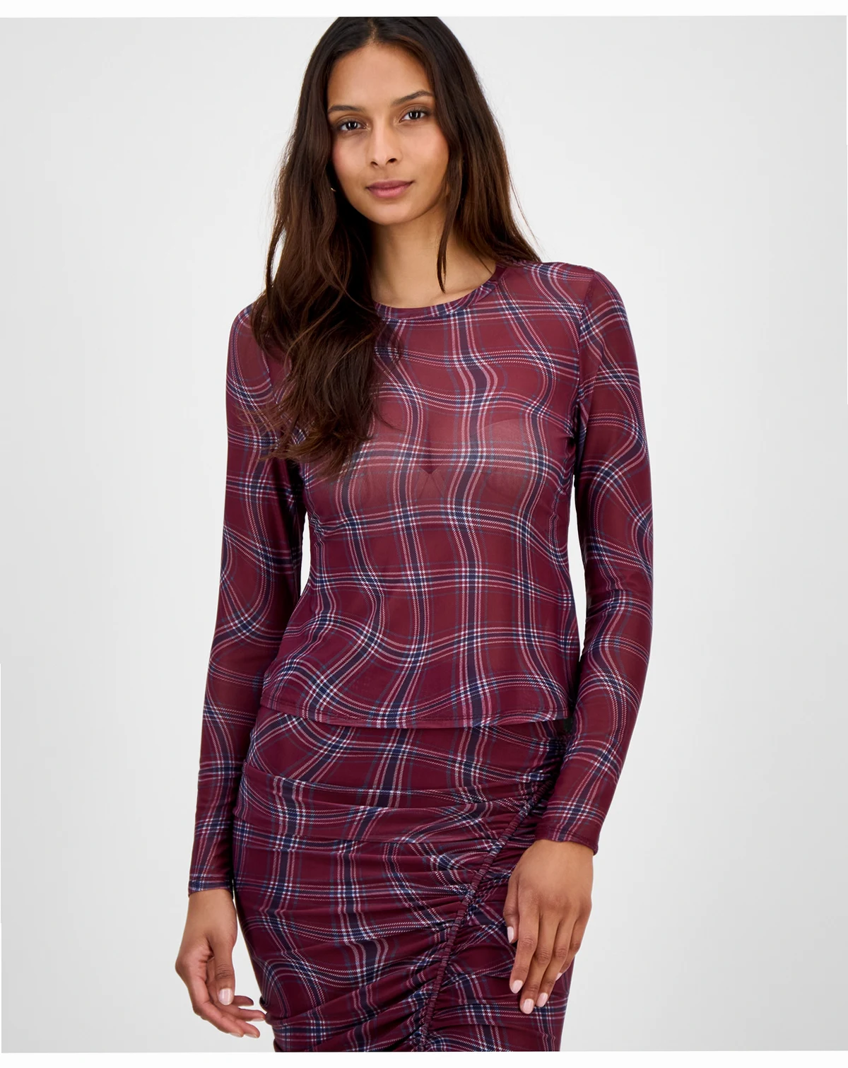 Women's Plaid Mesh Long-Sleeve Top, Macy's Exclusive