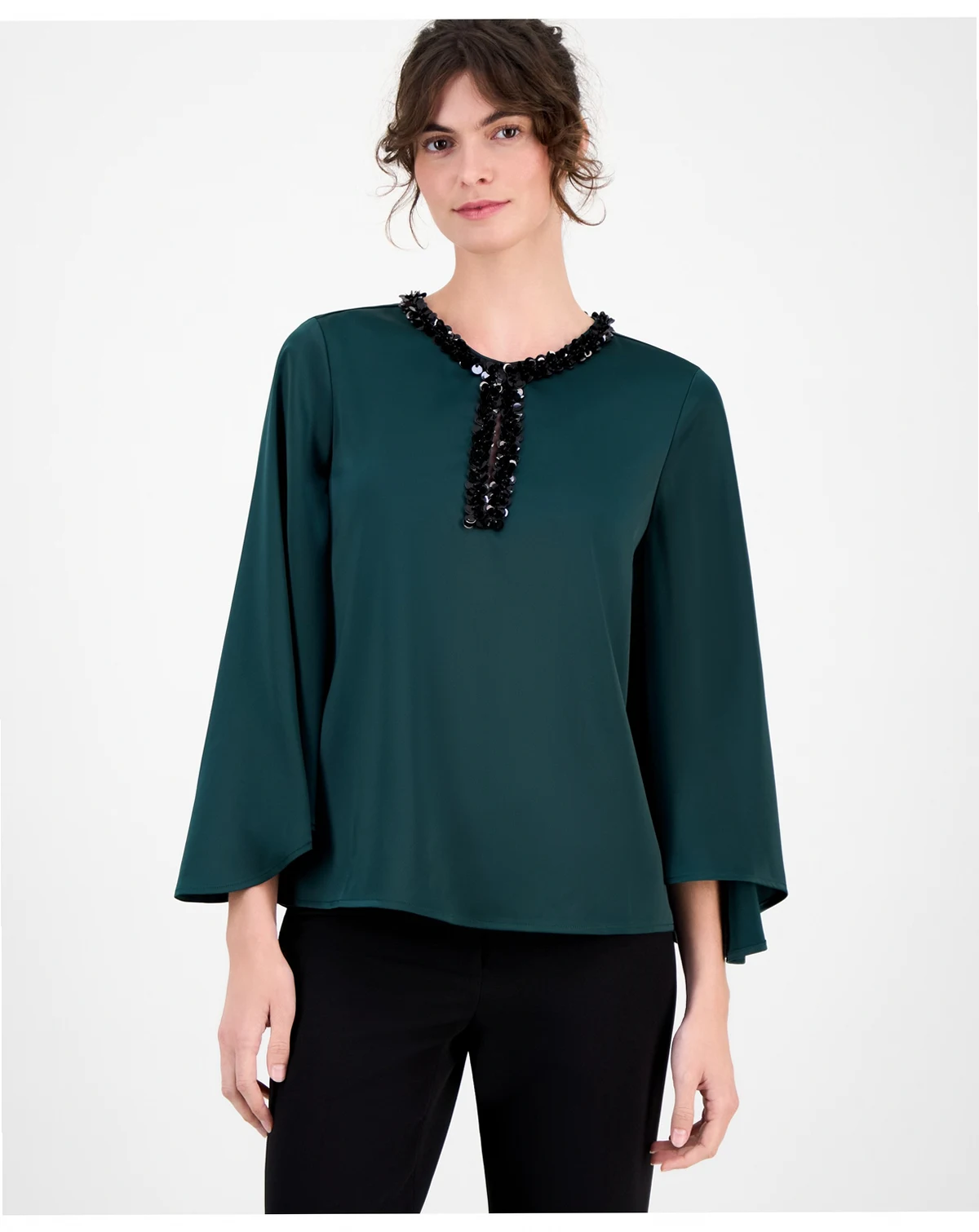 Women's Sequinned-Neck Flutter-Sleeve Top