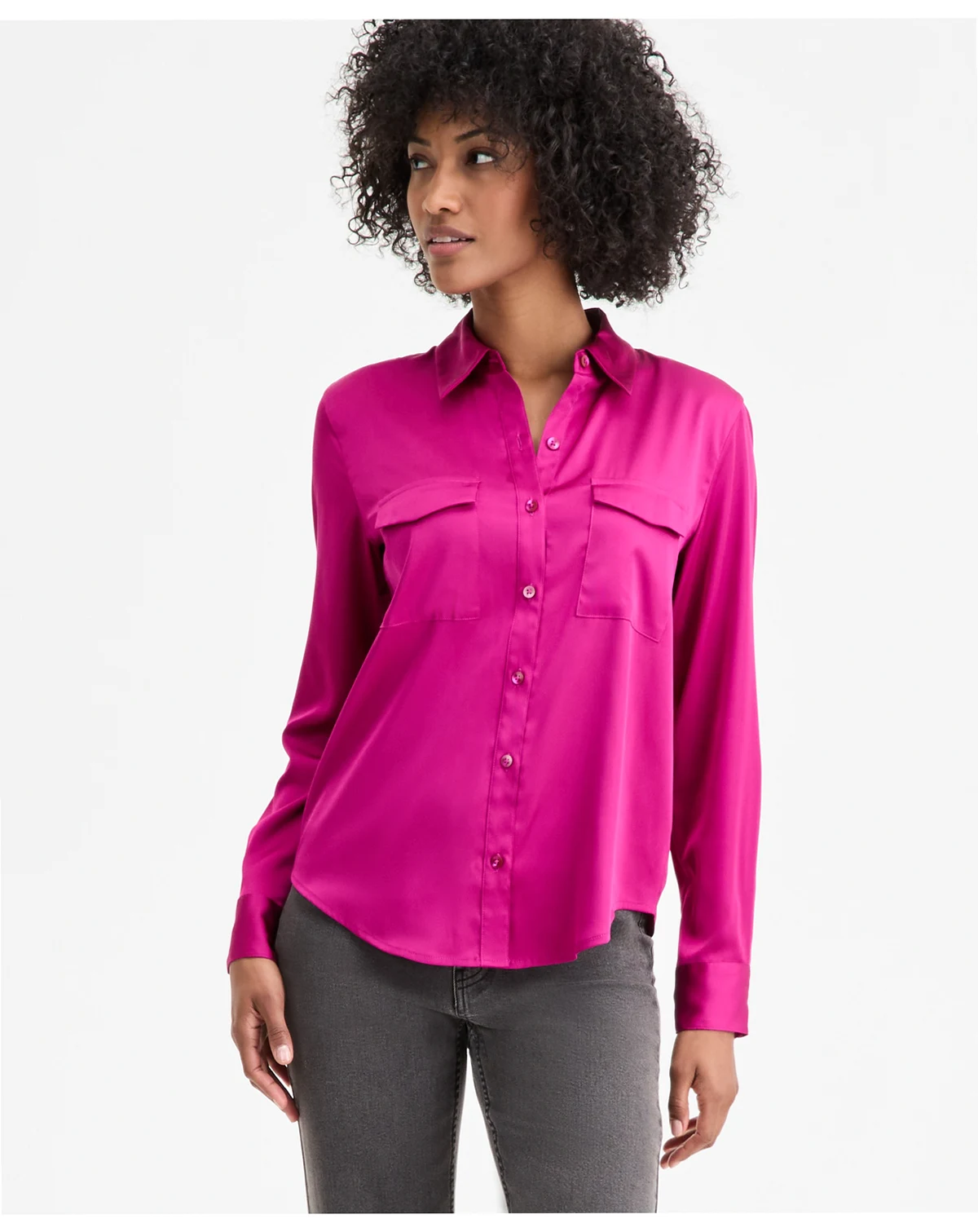 Women's Button-Front Long-Sleeve Satin Utility Shirt, Created for Macy's