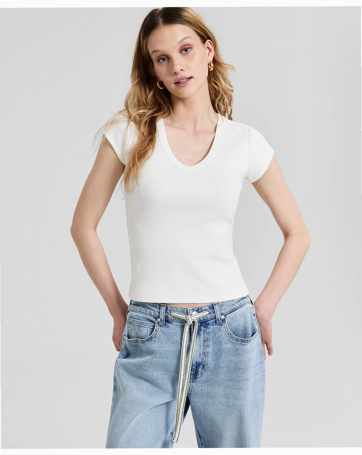 Women's V-Neck Rib-Knit Short-Sleeve T-Shirt, Macy's Exclusive