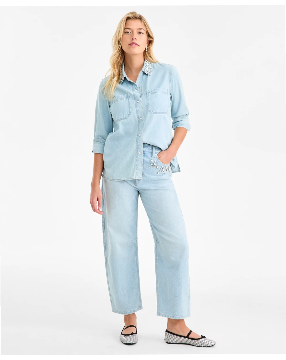 Women's Embellished Collar Denim Shirt, Macy's Exclusive
