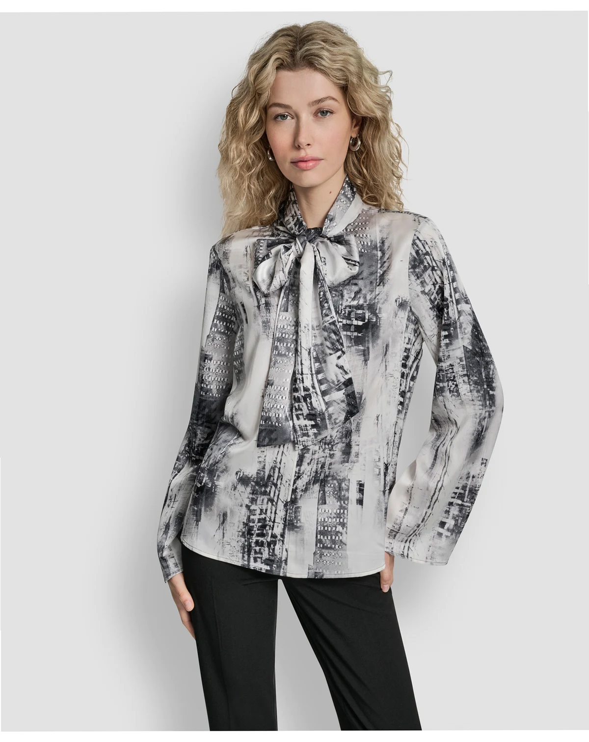 Women's Printed Neck Tie Long Sleeve Blouse