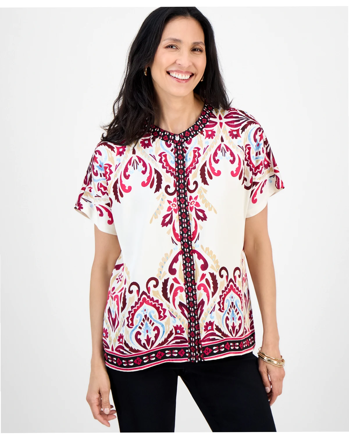 Petite Damask Placed-Print Blouse, Macy's Exclusive