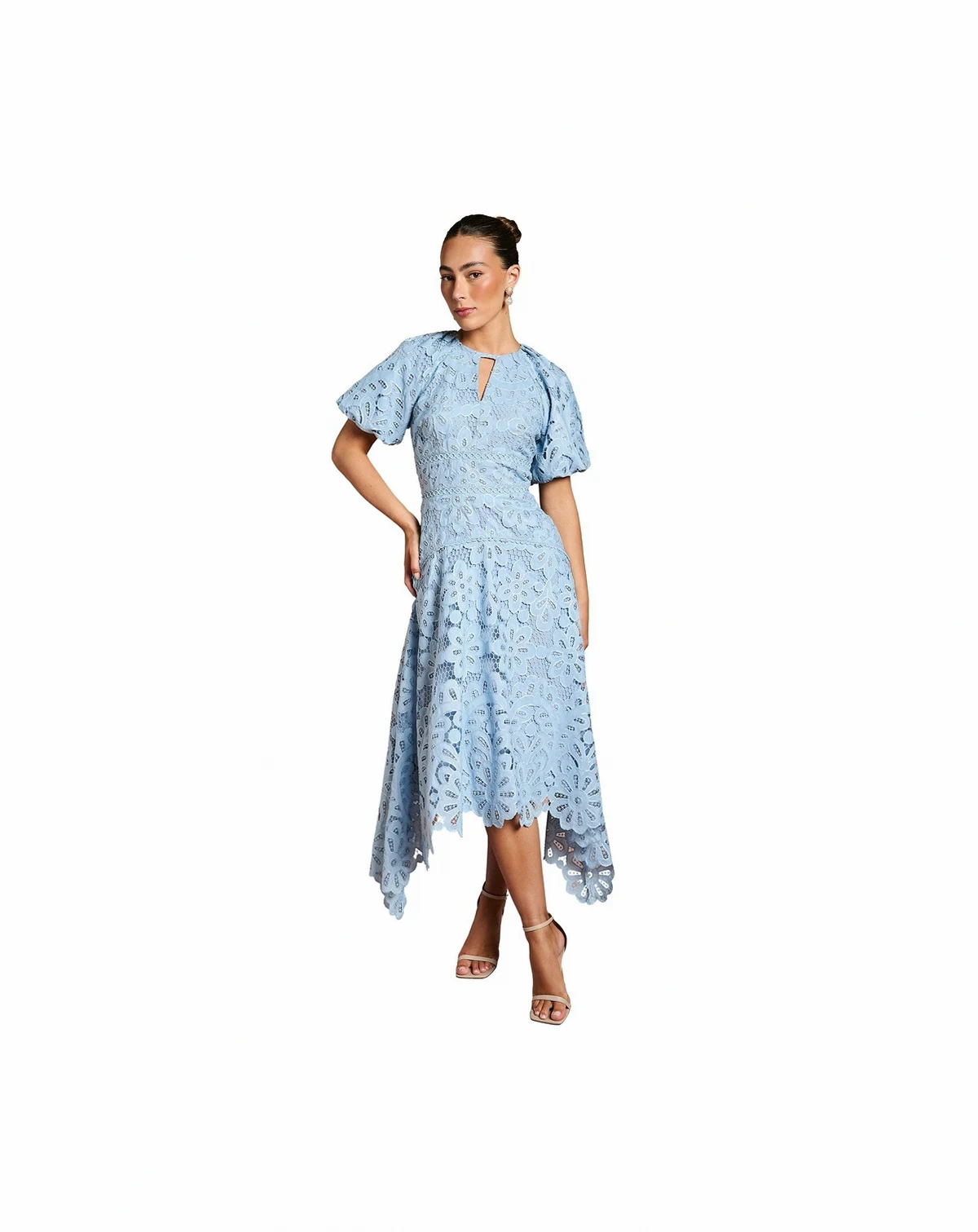 Women's Lace Hanky Hem Puff Sleeve Dress