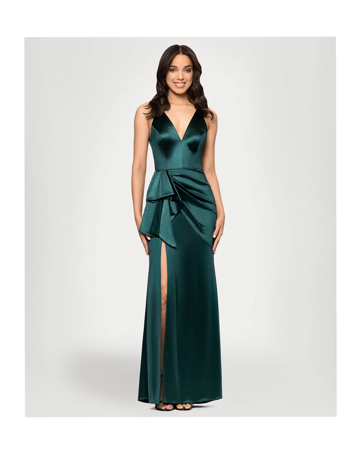 Juniors' Draped Satin Column Gown