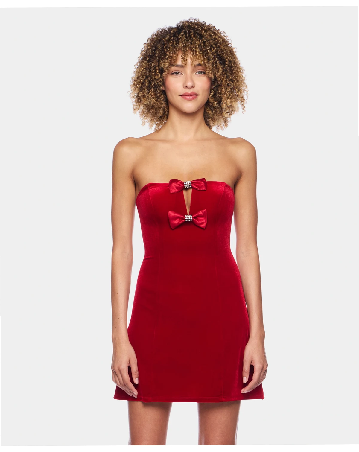 Juniors Strapless Velvet Dress with Satin Rhinestone Bow Detail