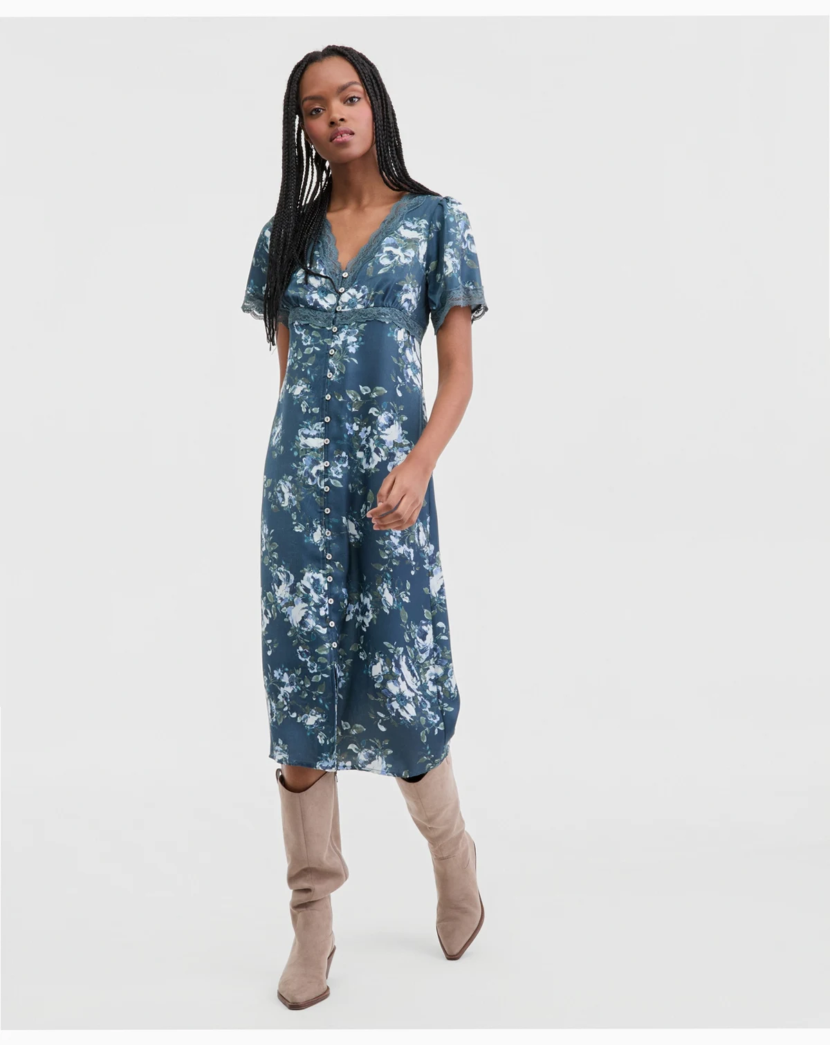 Women's Lace Trim Floral Midi Dress