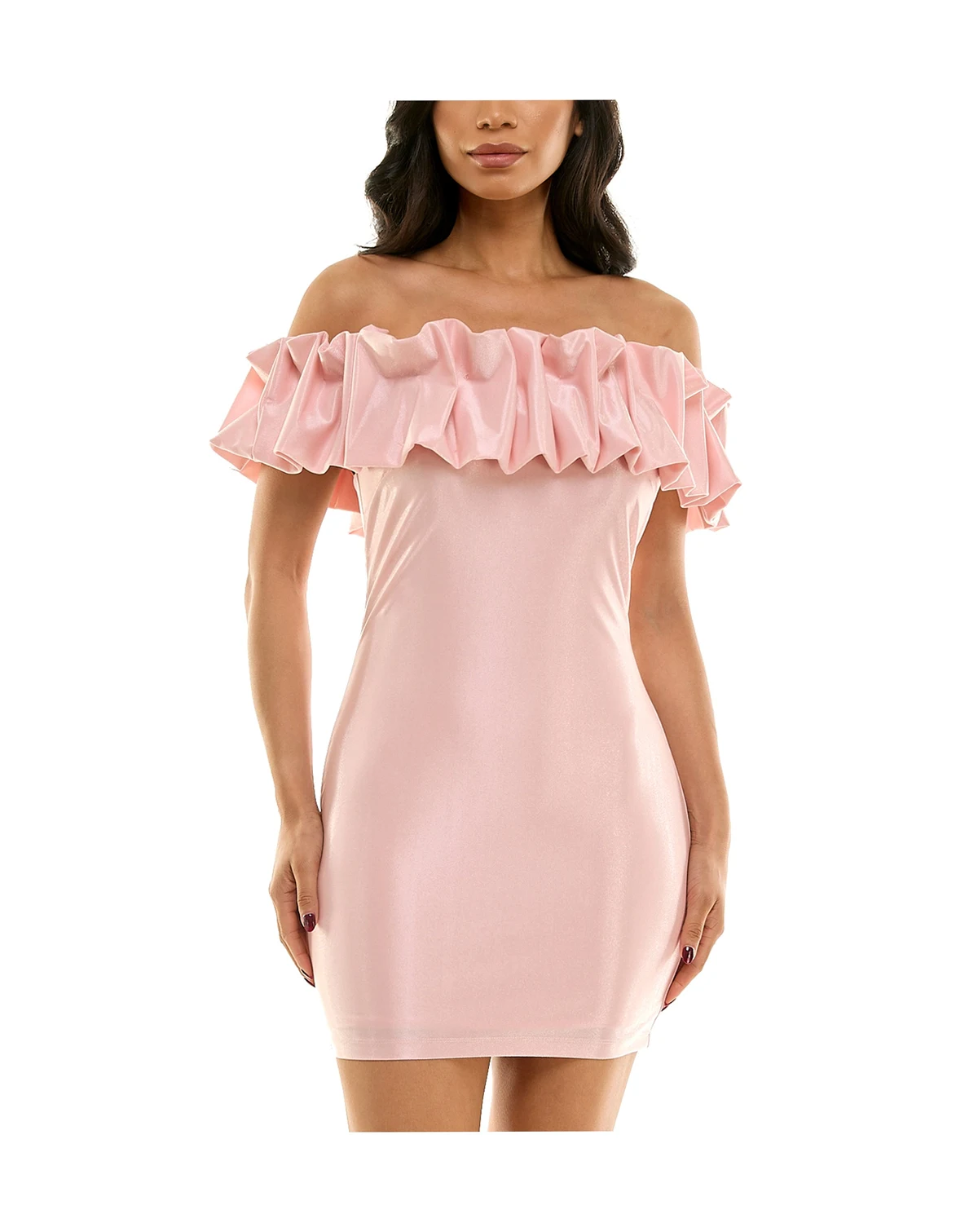 Juniors' Ruffled-Off-The-Shoulder Bodycon Shimmer Dress