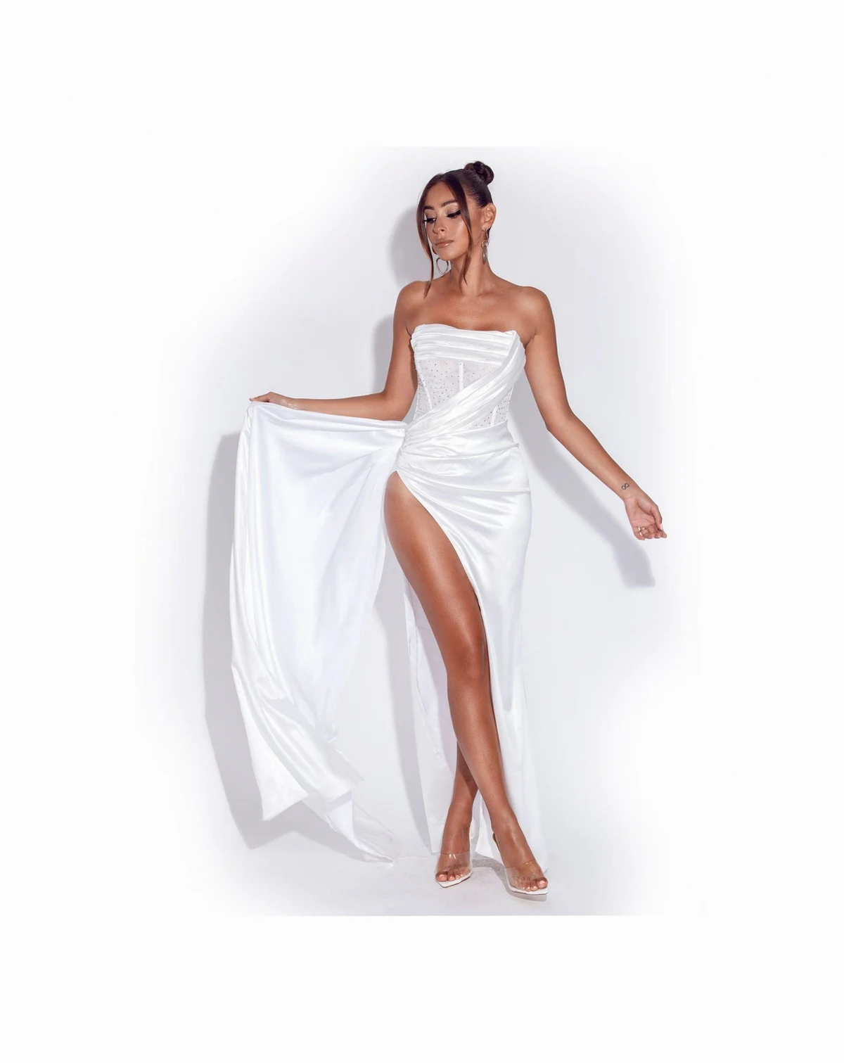 Women Holly White Crystallized Corset High Slit Satin Gown