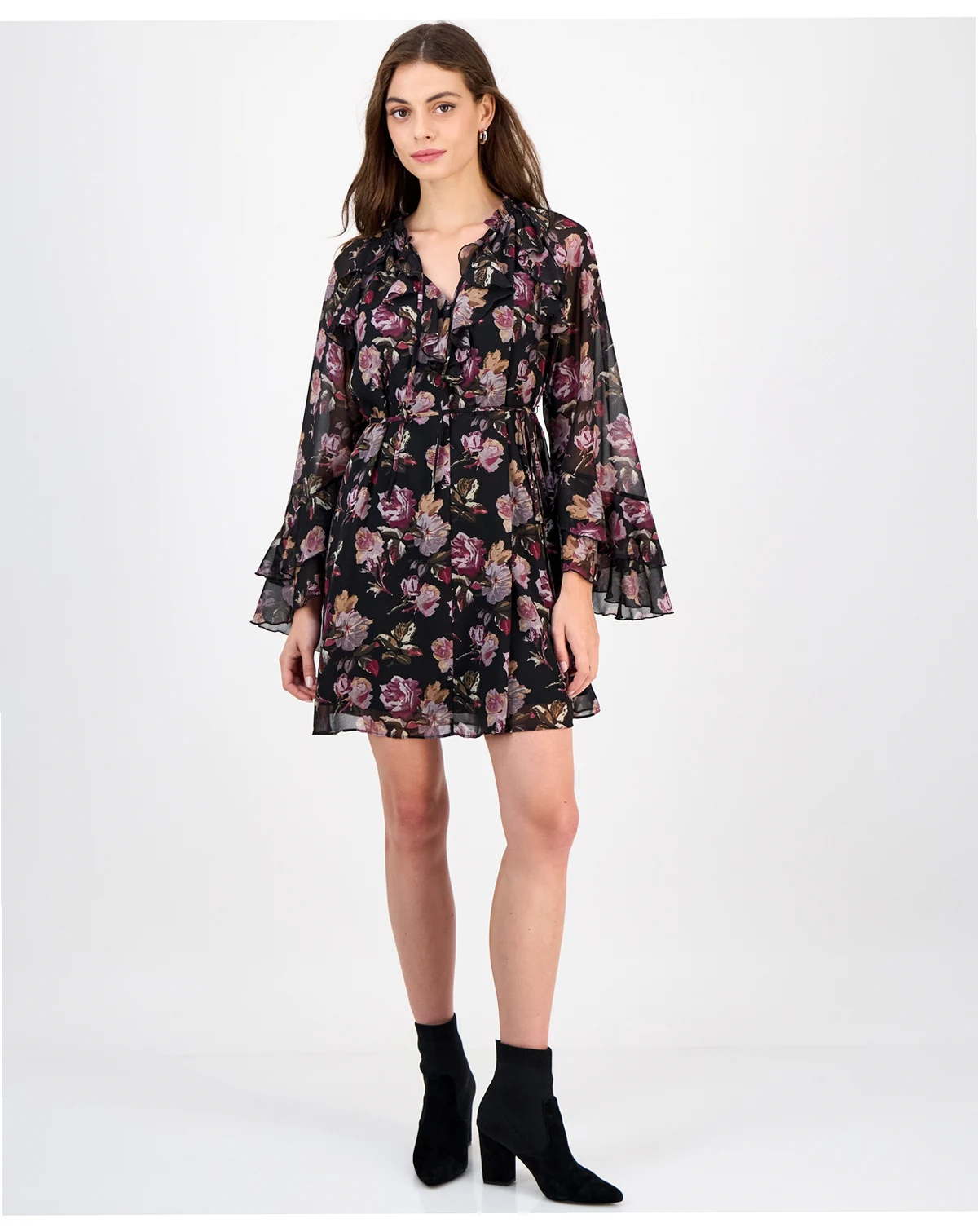 Women's Flare-Sleeve Ruffled Dark Rose Mini Dress