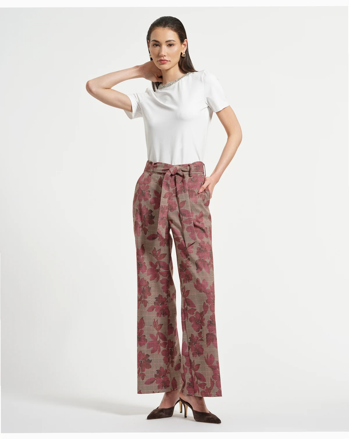 Women's Wide Leg Belted Plaid Pants