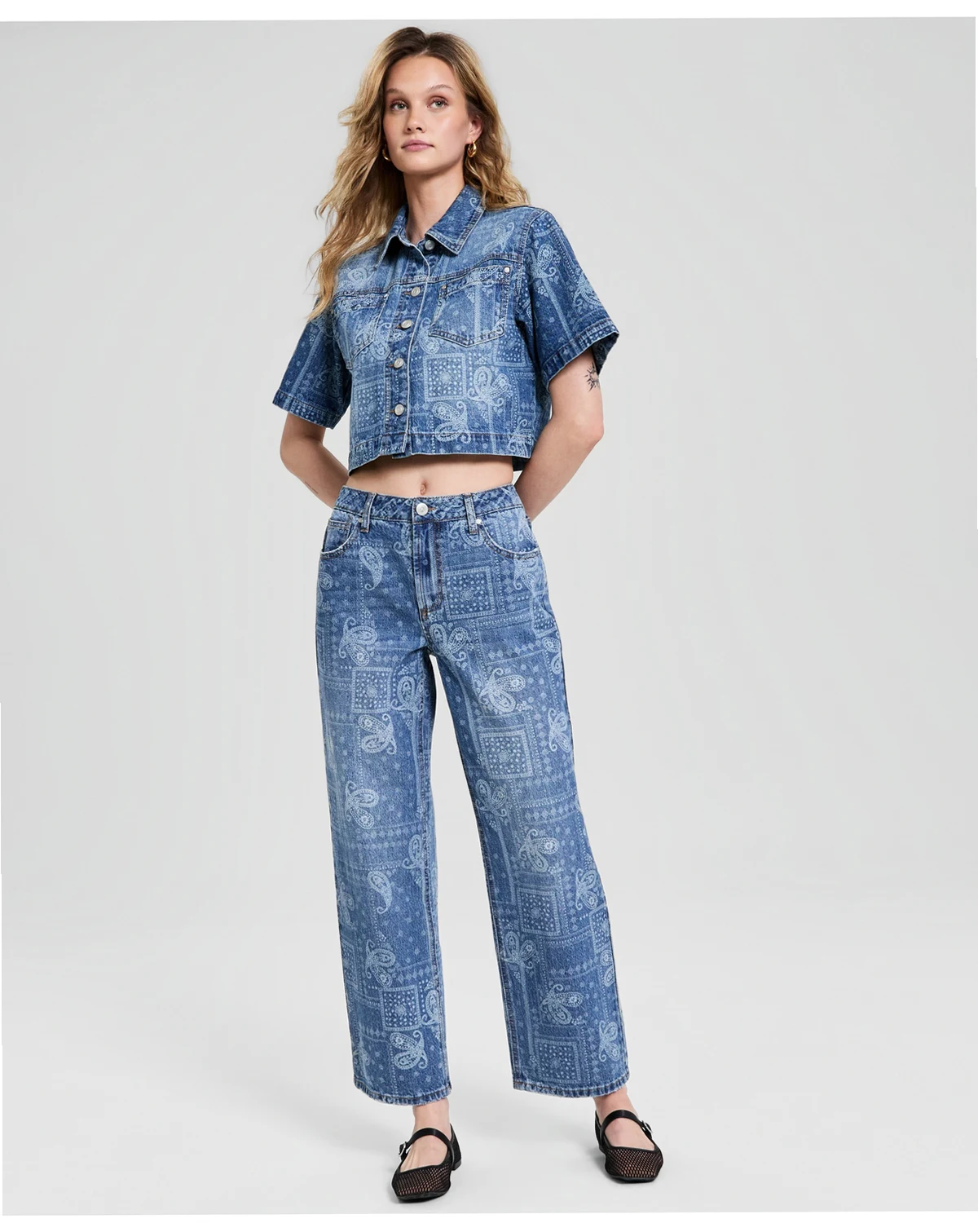 Petite High-Rise Wide-Leg Bandana Jeans, Macy's Exclusive