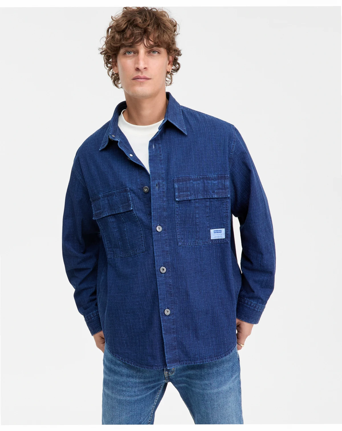 Ebargo Grid-Pattern Denim Button-Front Shirt Jacket