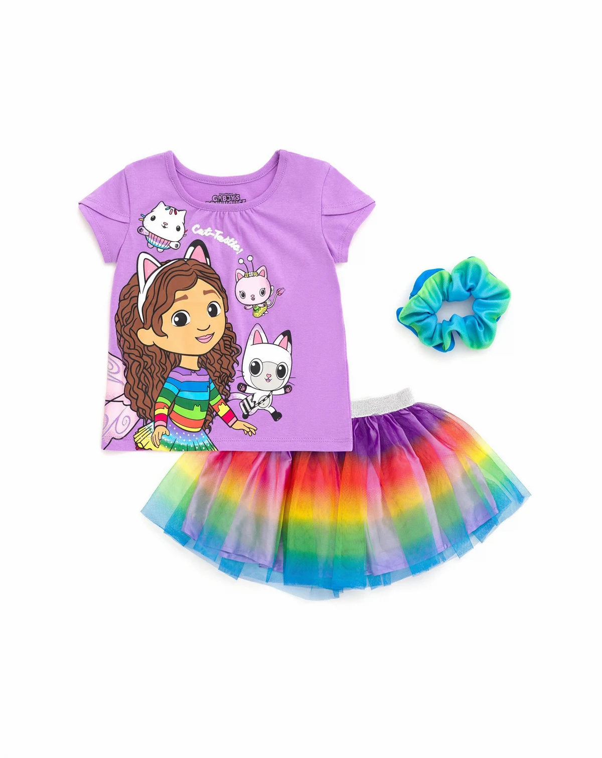 Toddler Girls Dreamworks Gabbys Dollhouse T-Shirt Tulle Mesh Skirt and Scrunchie 3 Piece Outfit Set