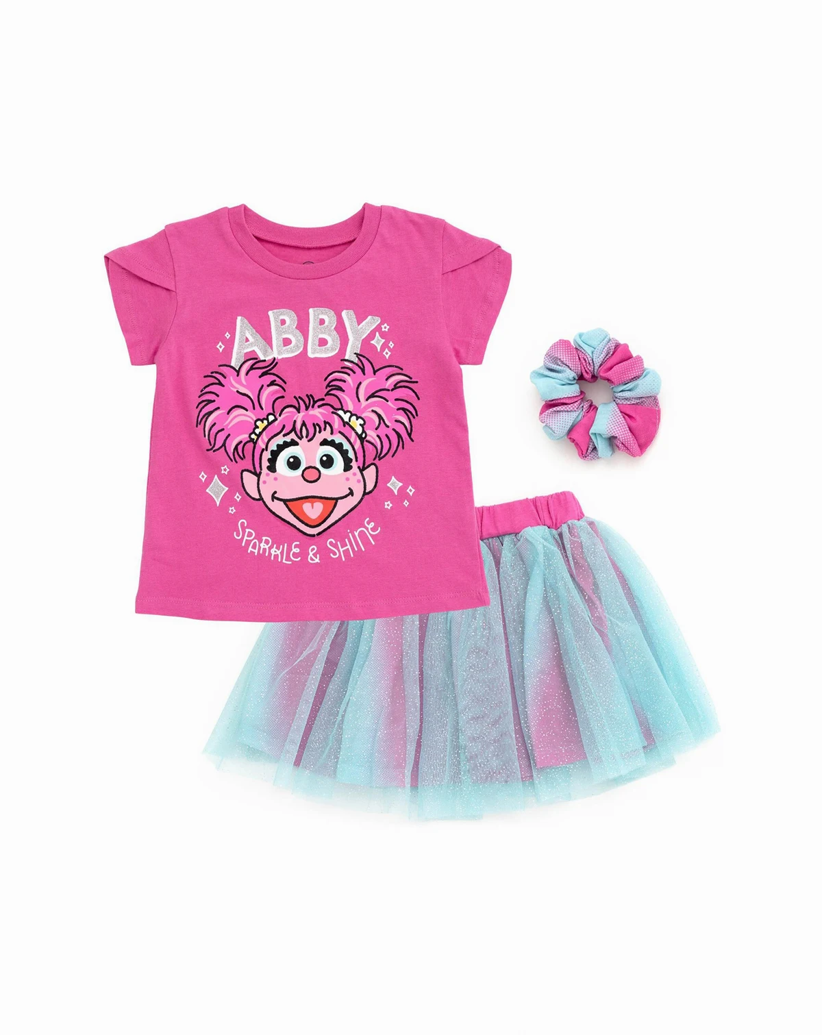 Toddler Girls Elmo Abby Cadabby T-Shirt Tulle Skirt and Scrunchie 3 Piece Outfit Set to