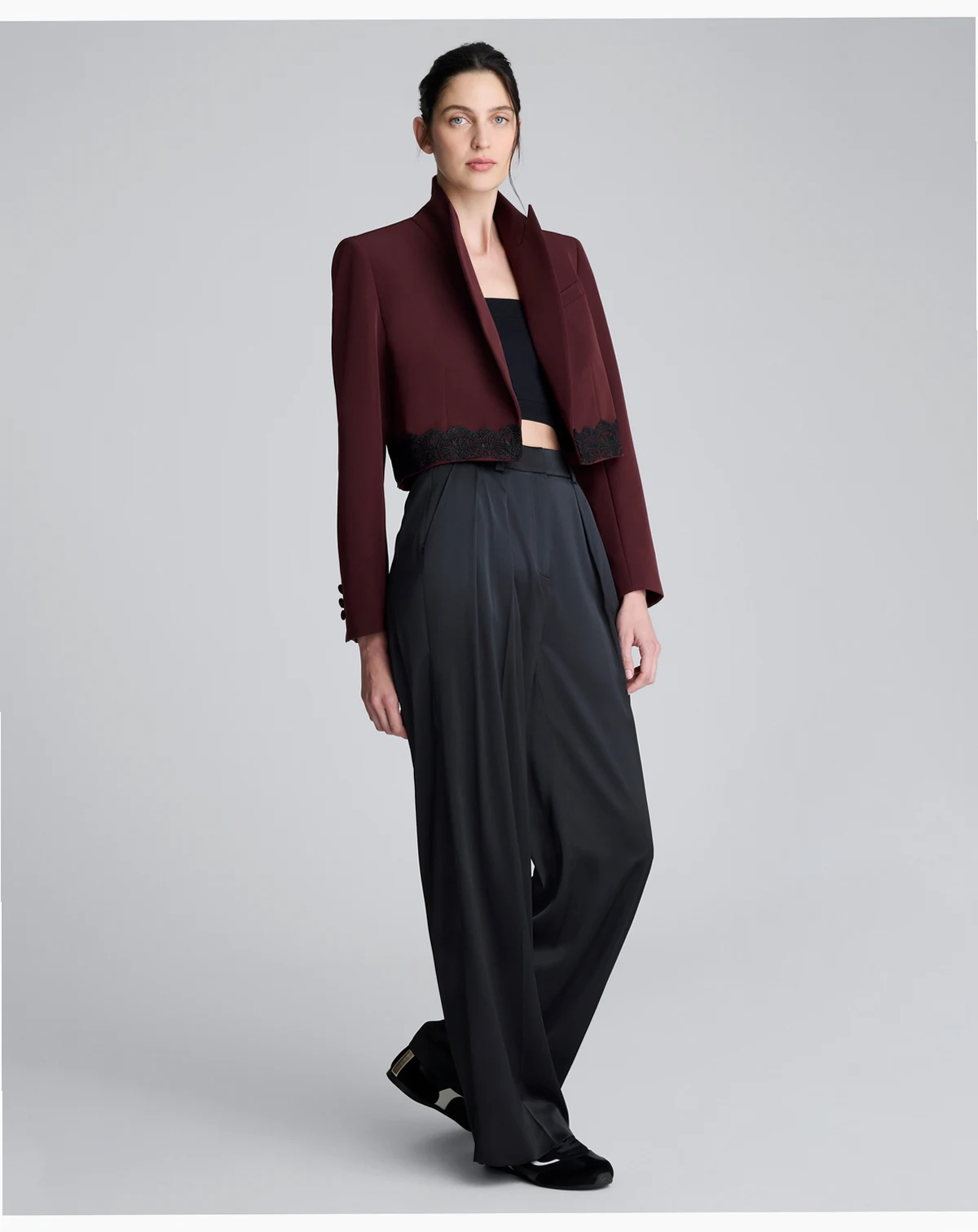 Women's Lace Trim Open Front Fitted Cropped Jacket