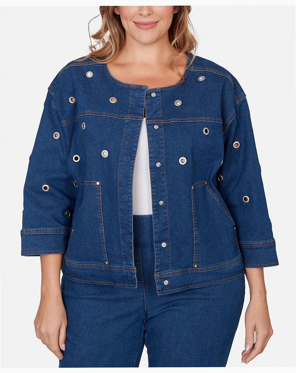 Plus Size Grommet Detail Stretch Denim Jacket