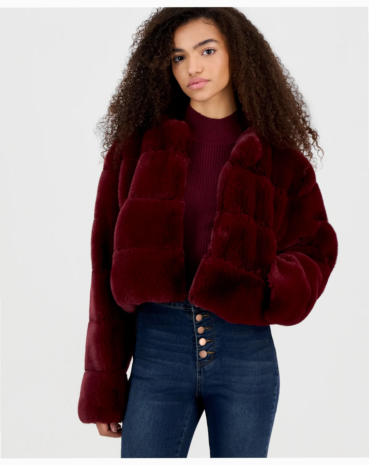 Women's Faux Fur Collarless Long-Sleeve Jacket