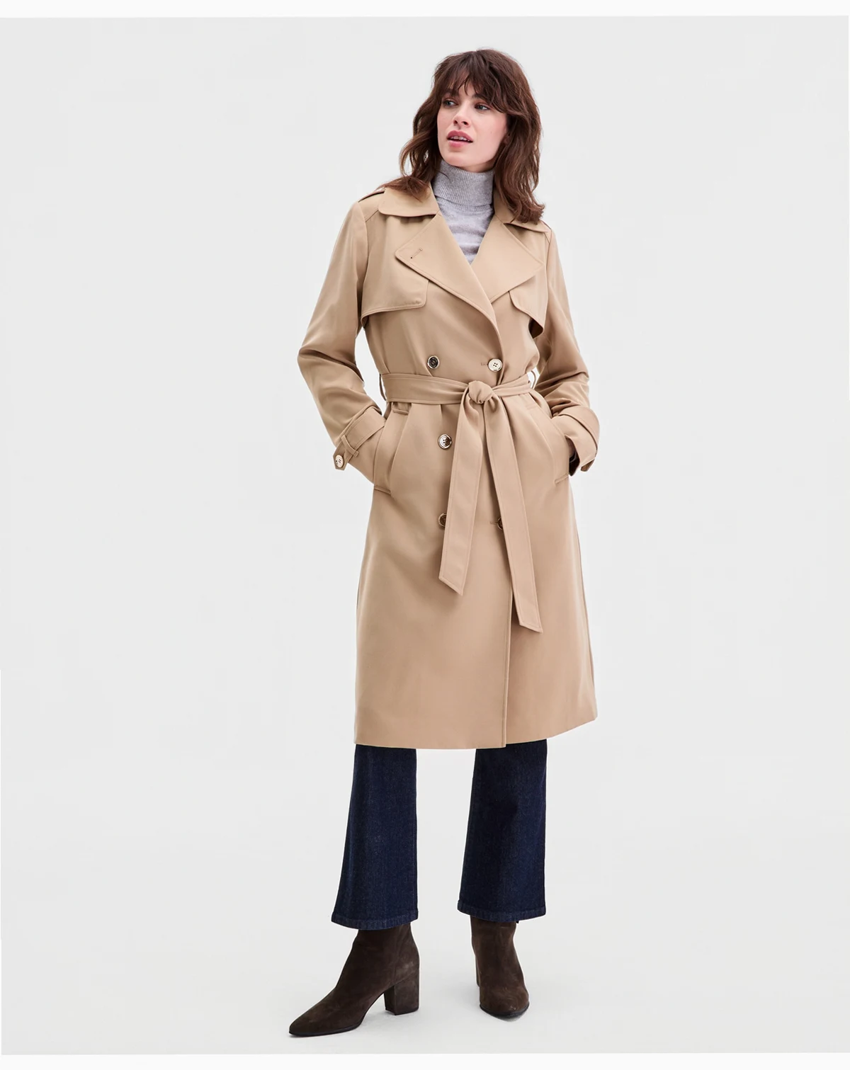 Petite Double-Breasted Belted Crepe Trench Coat