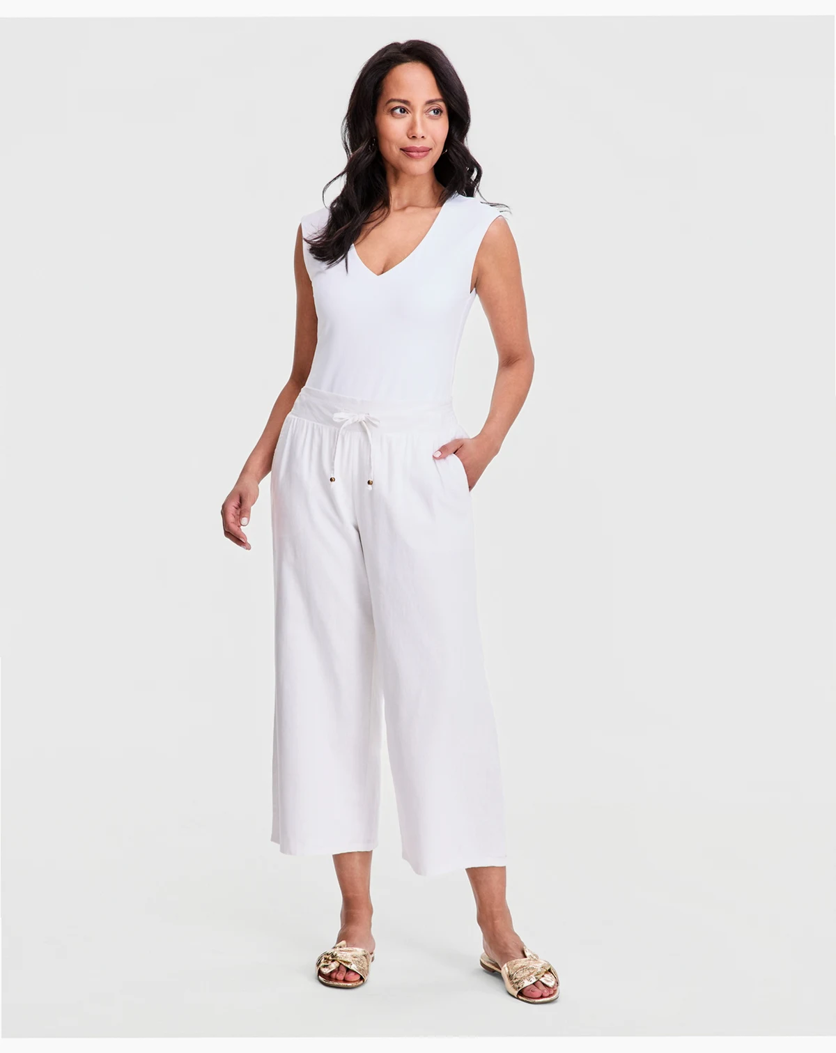 Women's Cropped Drawstring Line-Blend Wide-Leg Pants, Macy's Exclusive