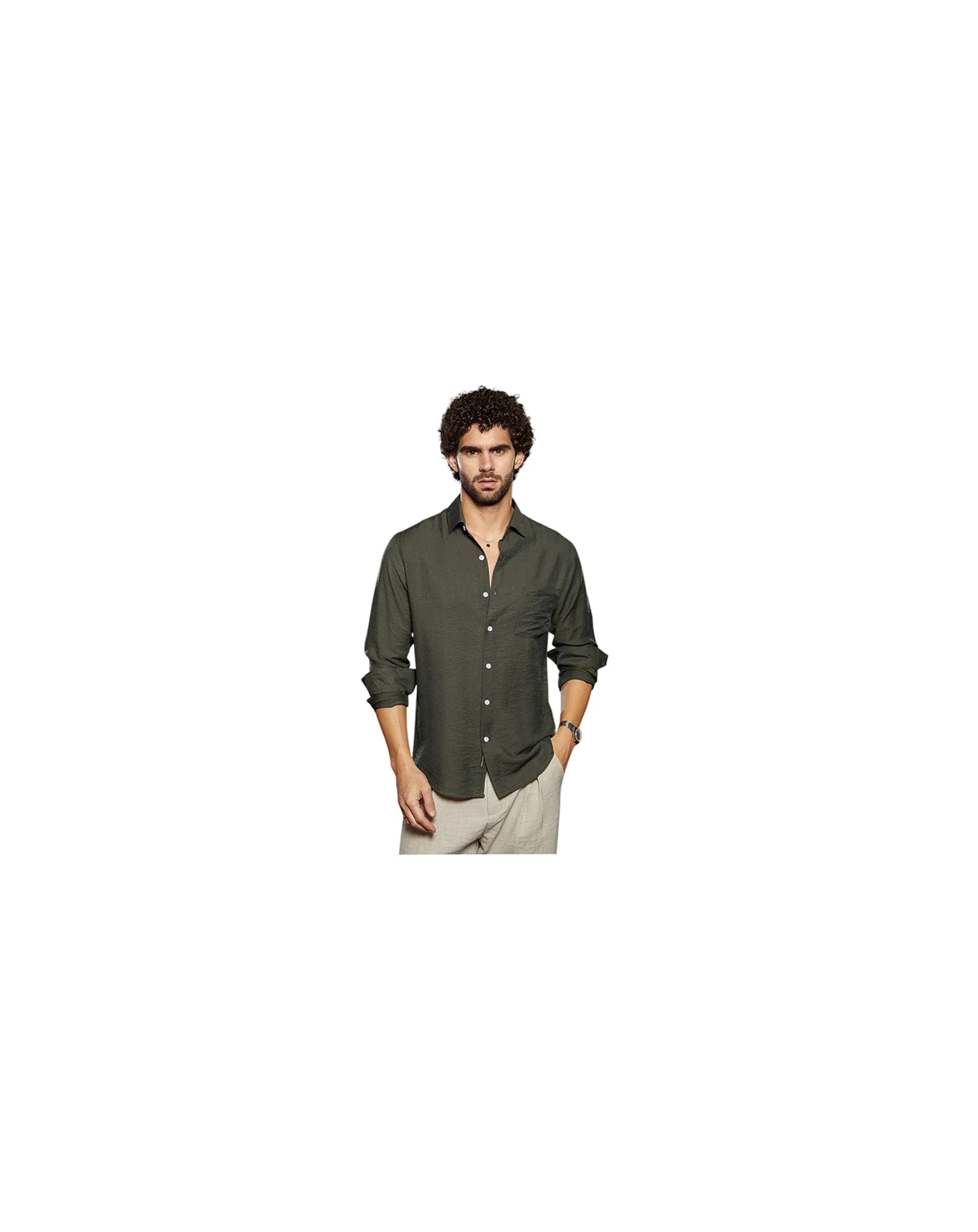 Men's Olive Green Breezy Wrinked Relaxed Shirt