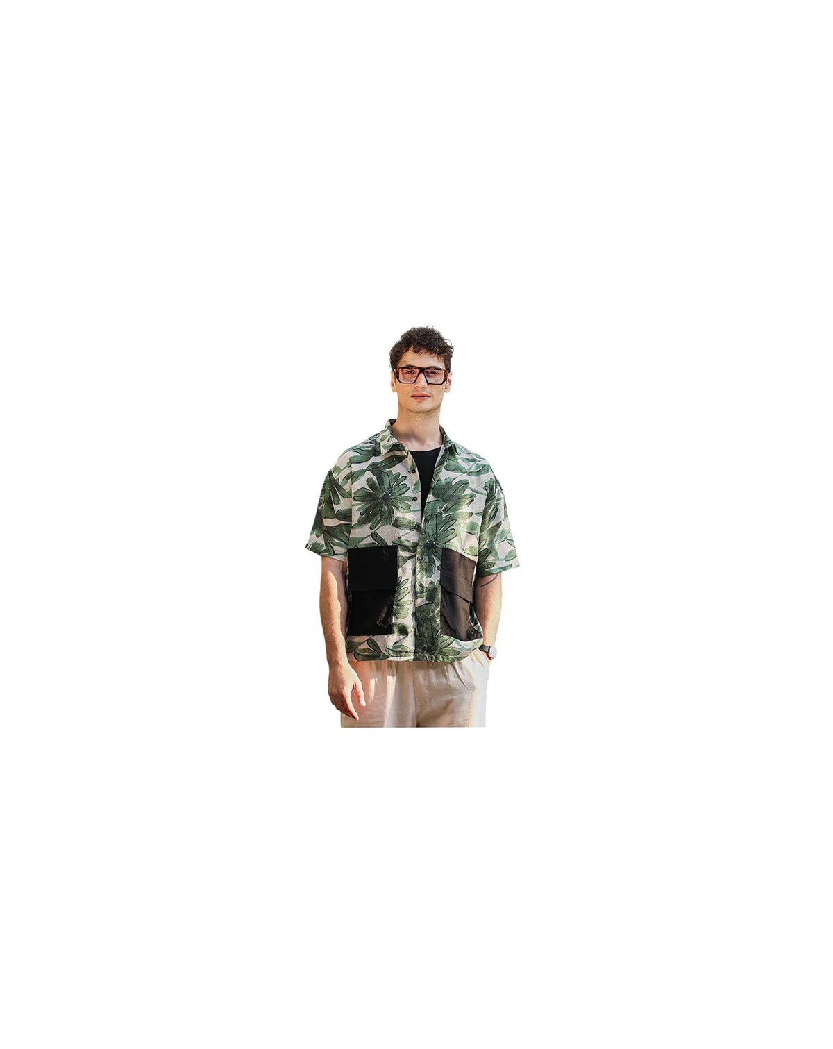 Men's Jungle Green & Ivory White Flora-Stroke Oversized Shirt