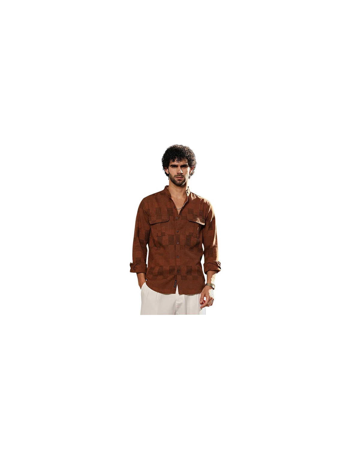 Men's Russet Brown Mandarin Utility Shirt