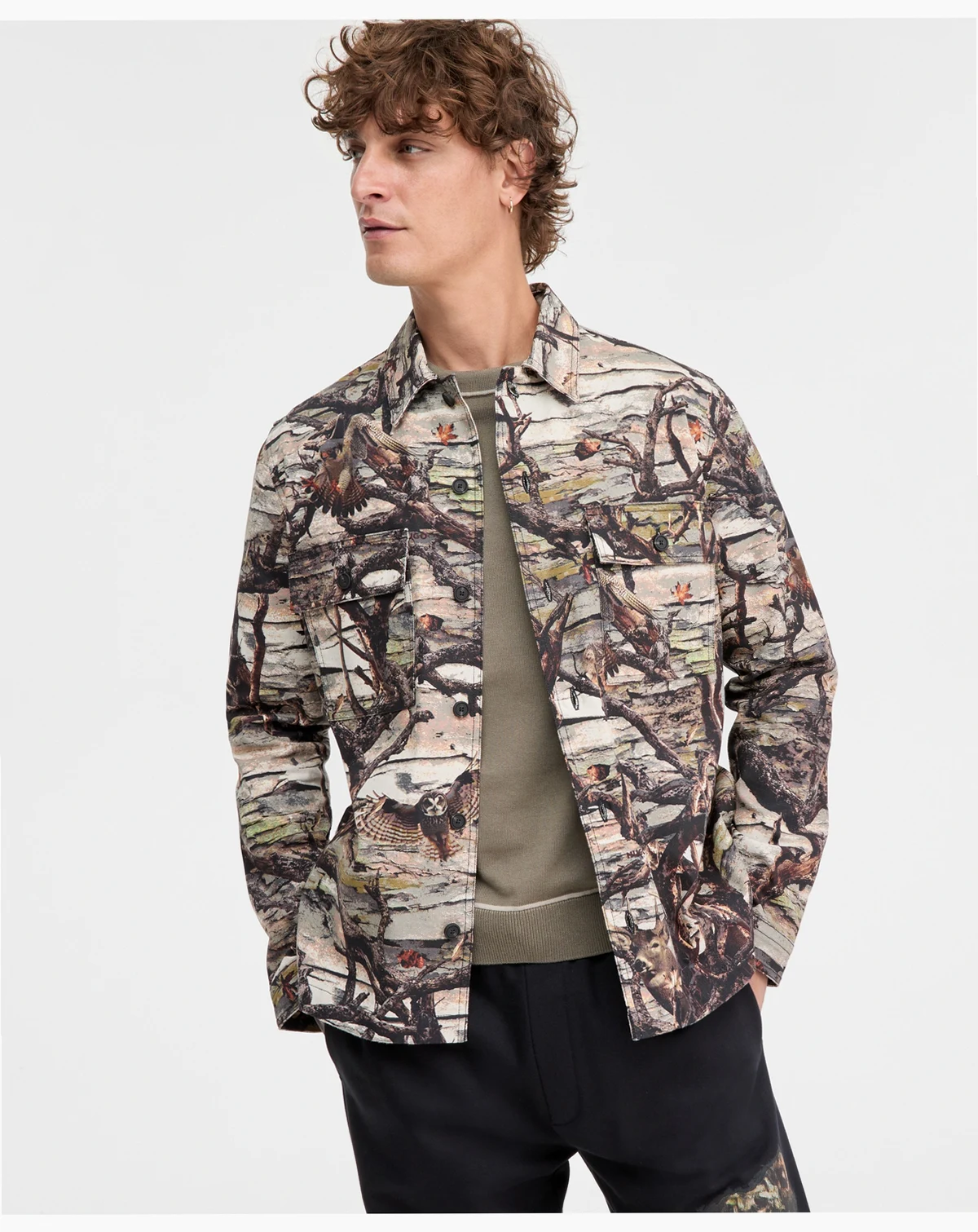 Epoldo Long Sleeve Owl Print Button-Front Shirt-Jacket