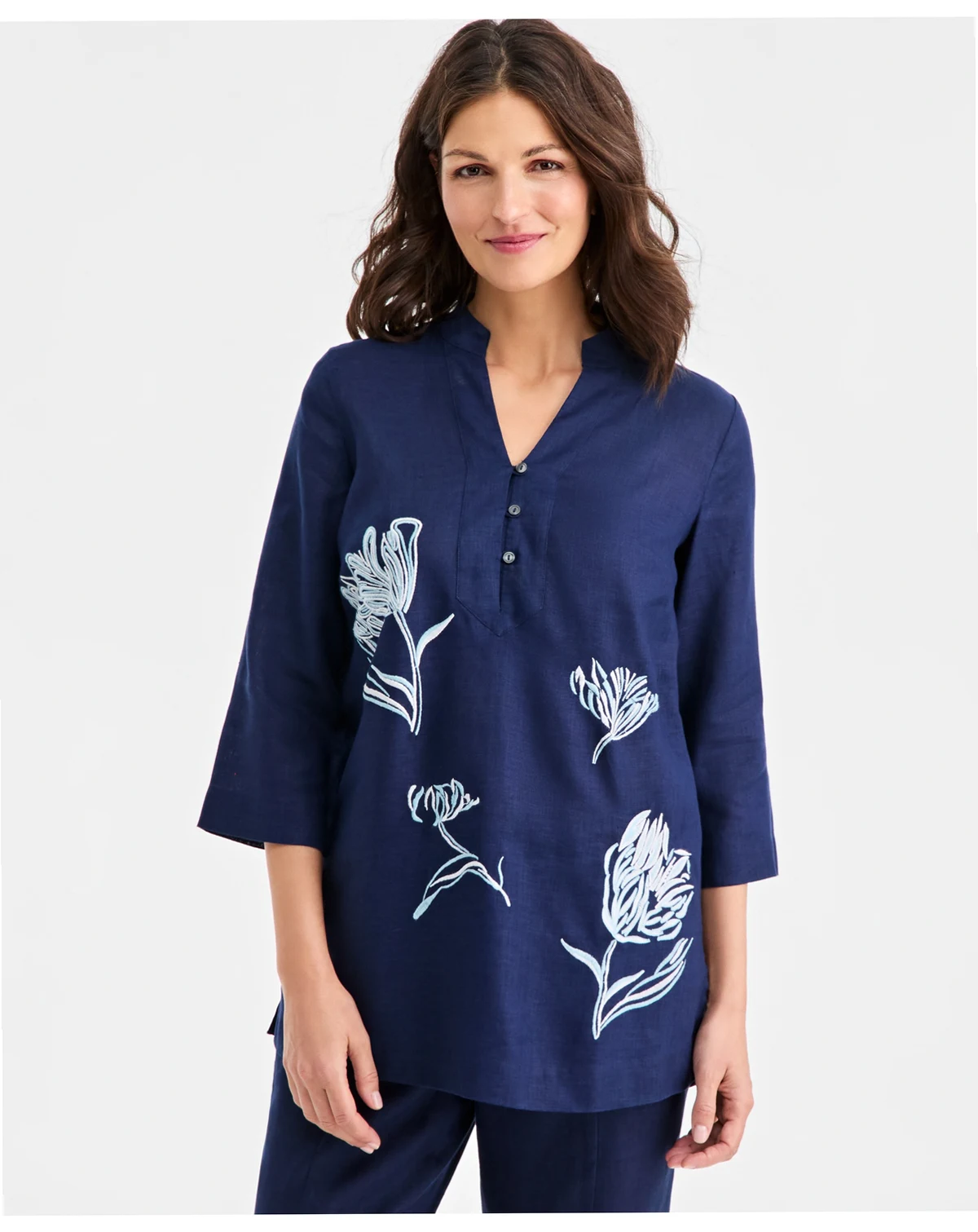 Women's 100% Linen 3/4-Sleeve Floral Tunic, Macy's Exclusive
