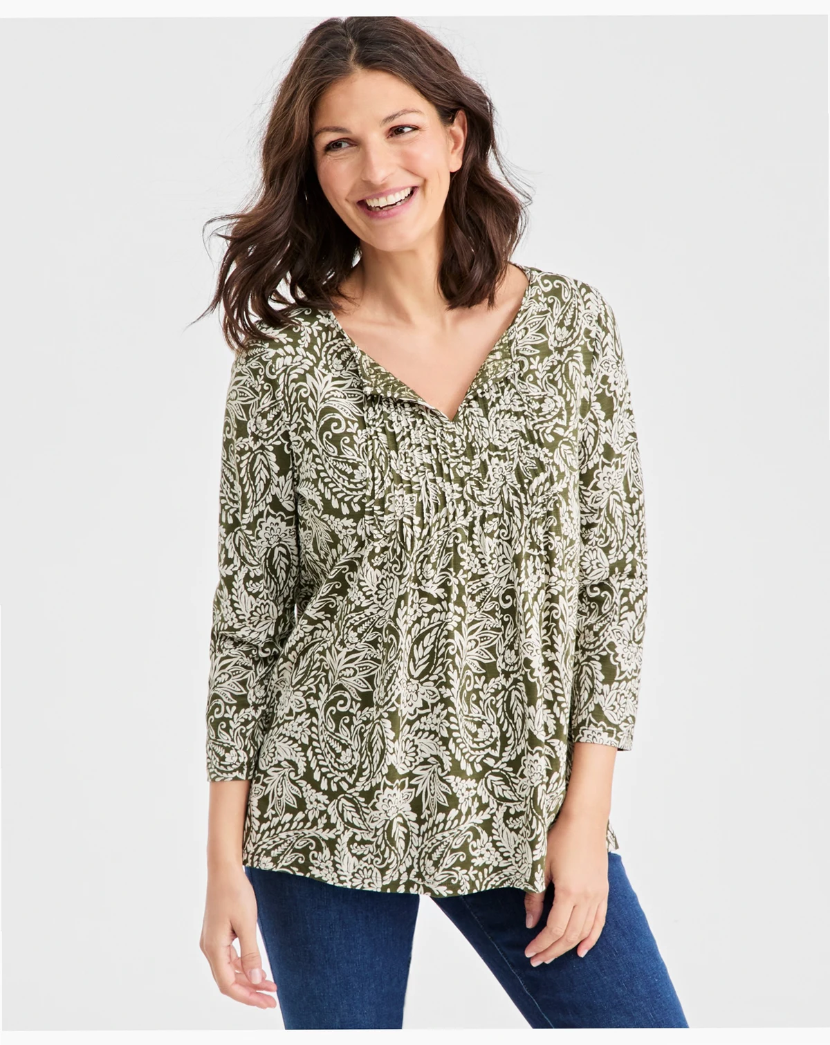 Petite Split Neck Pintuck Fern Leaves Top, Macy's Exclusive
