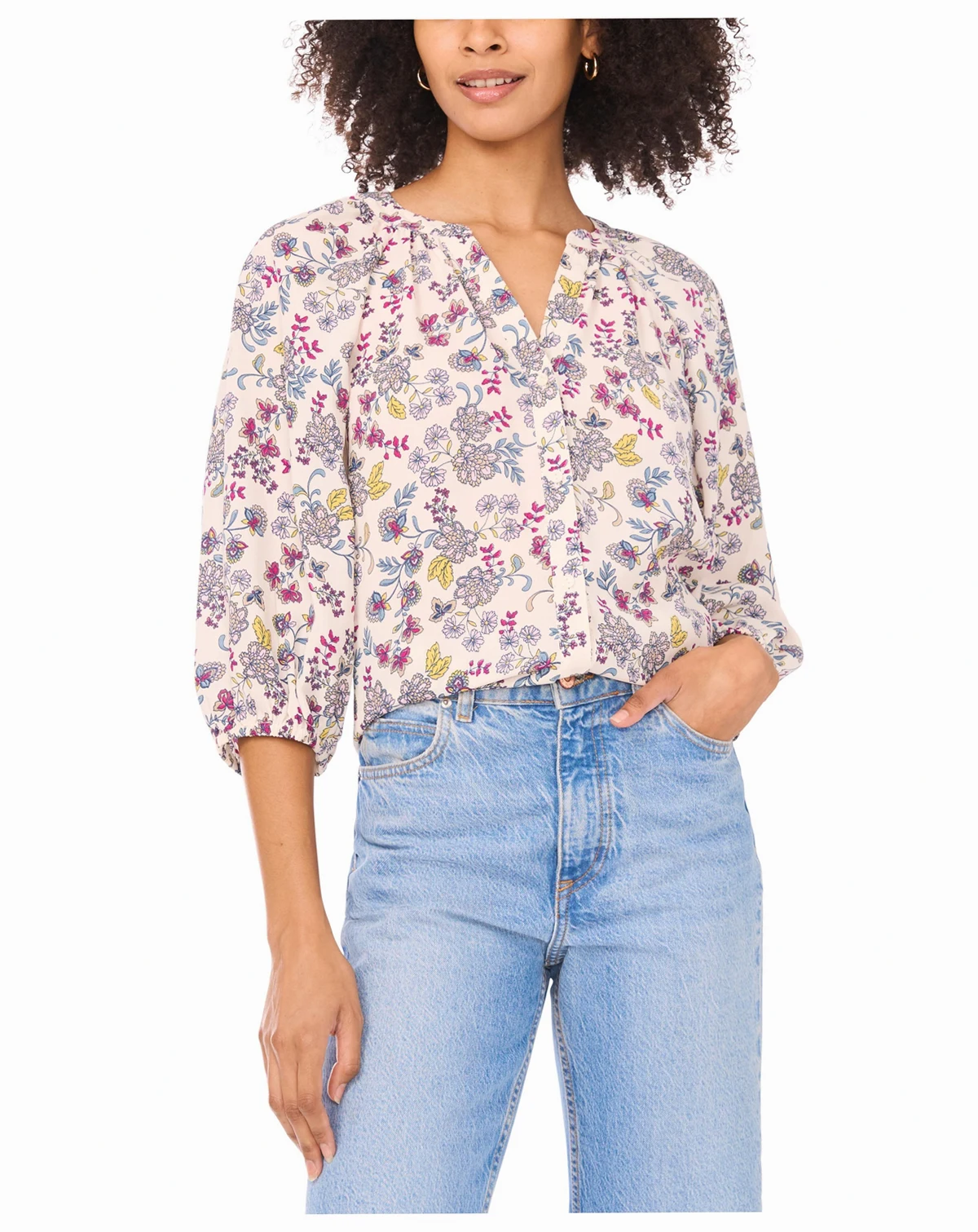 Women's Printed Split-Neck Raglan-Sleeve Blouse