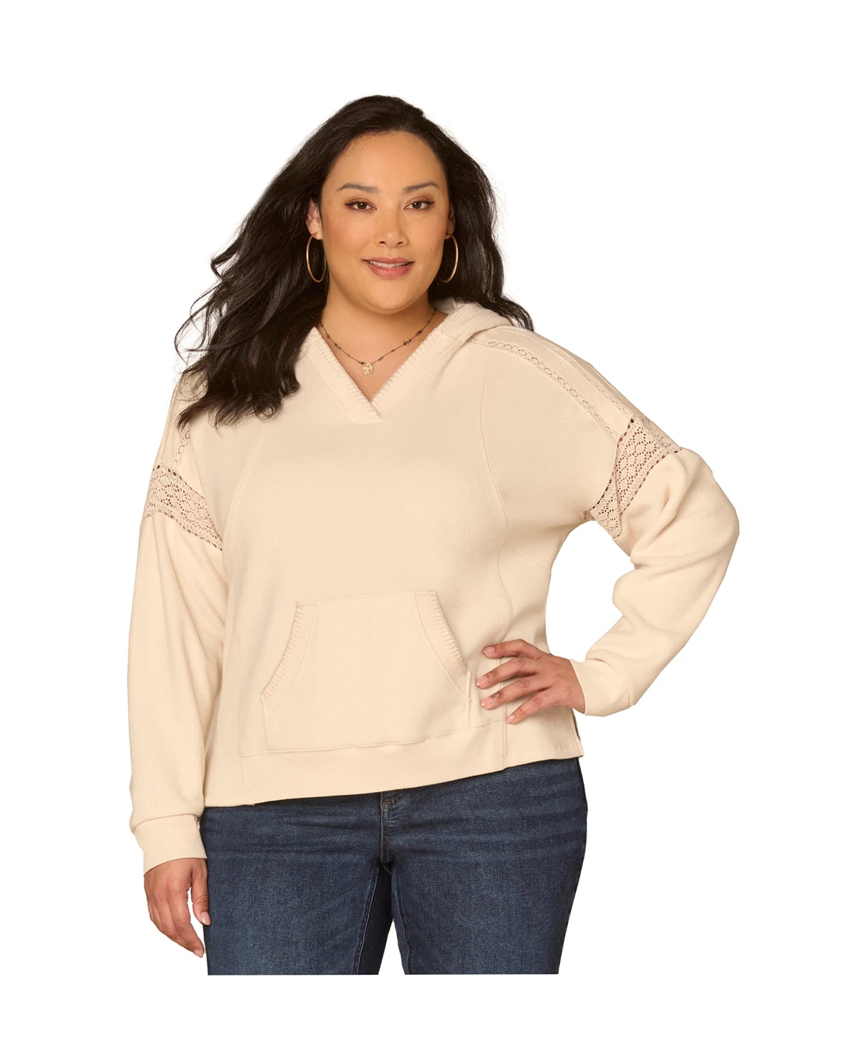 Plus Size Half Placket Mixed Media Pull-On Top