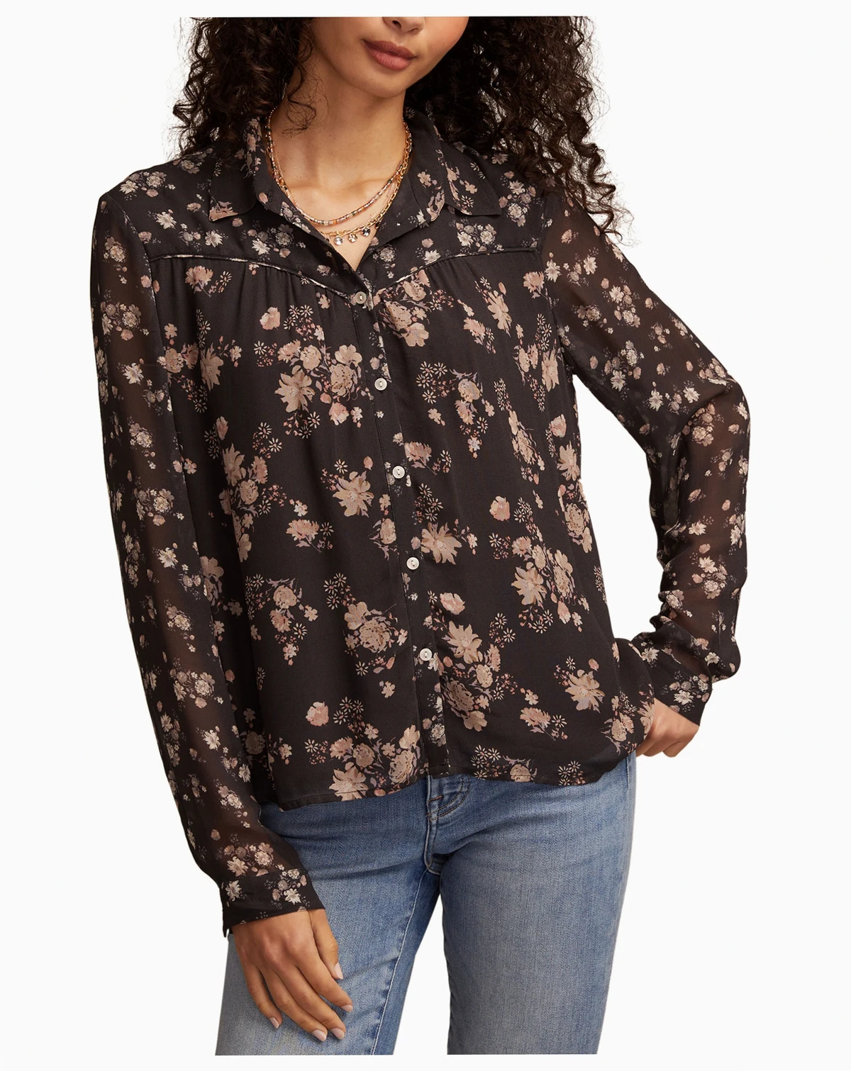 Women's Mix Print Long Sleeve Button Down Top