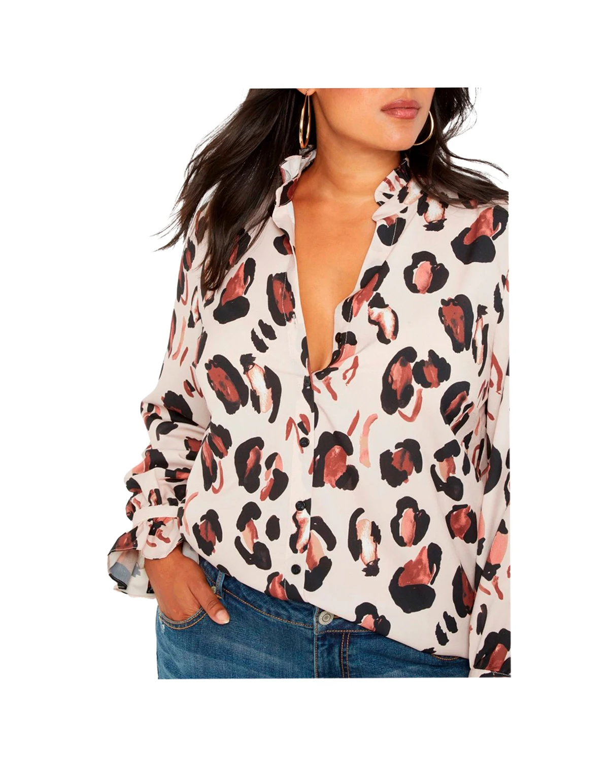 Women's Plus Size Printed Button Down Shirt With Ruffle Neck