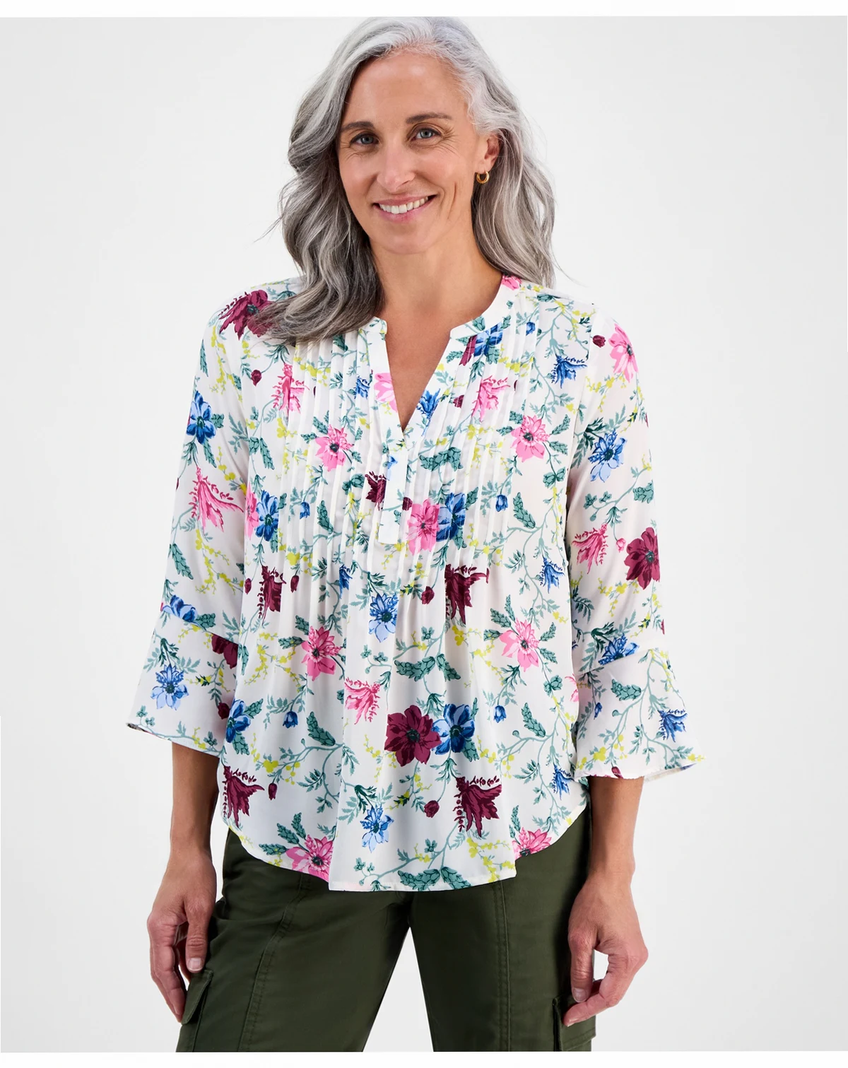 Petite Chintz Floral Pintuck Top, Macy's Exclusive
