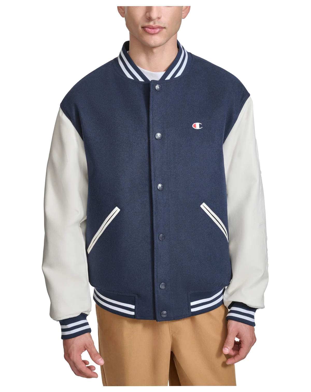 Men's Colorblocked Mixed-Media Varsity Jacket