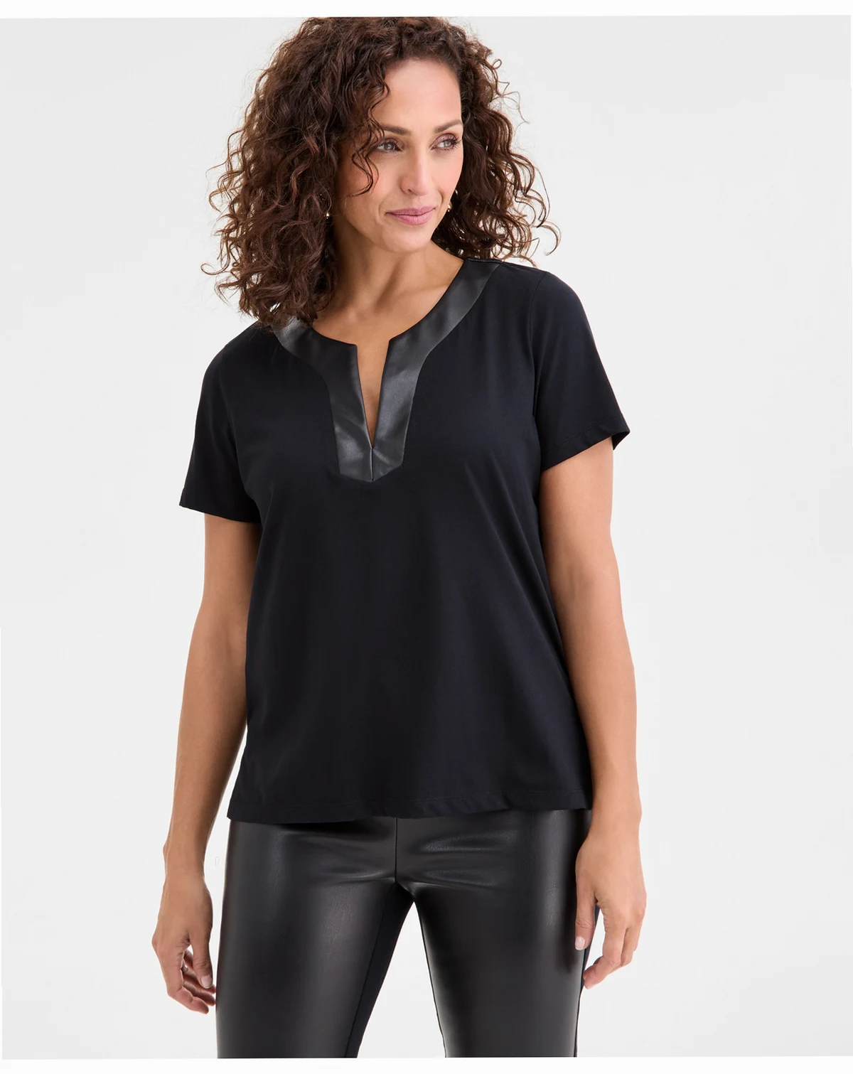 Women's Faux-Leather-Trim Split-Neck Top, Macy's Exclusive