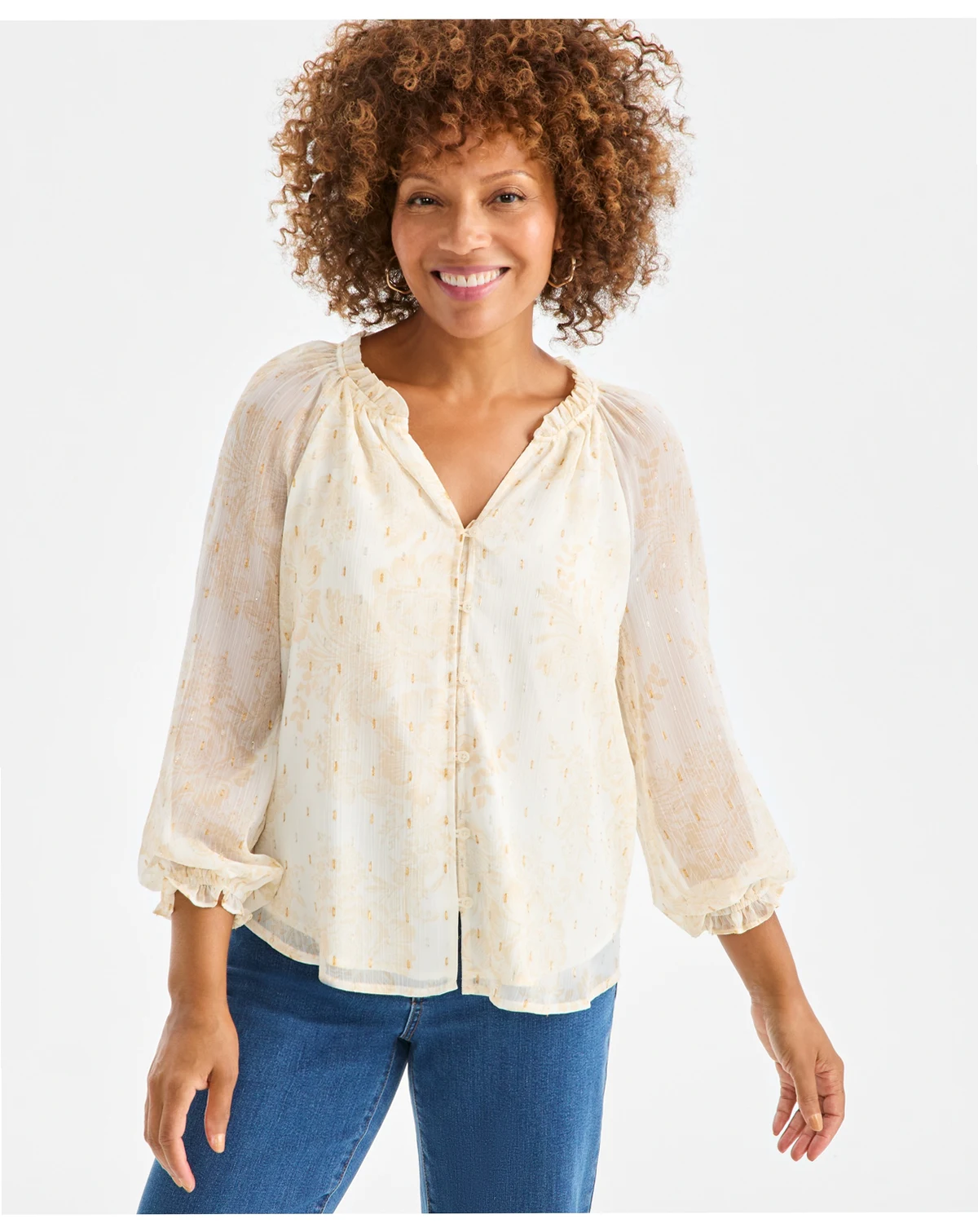 Petite Floral Shine Ruffled Button-Front Blouse, Macy's Exclusive