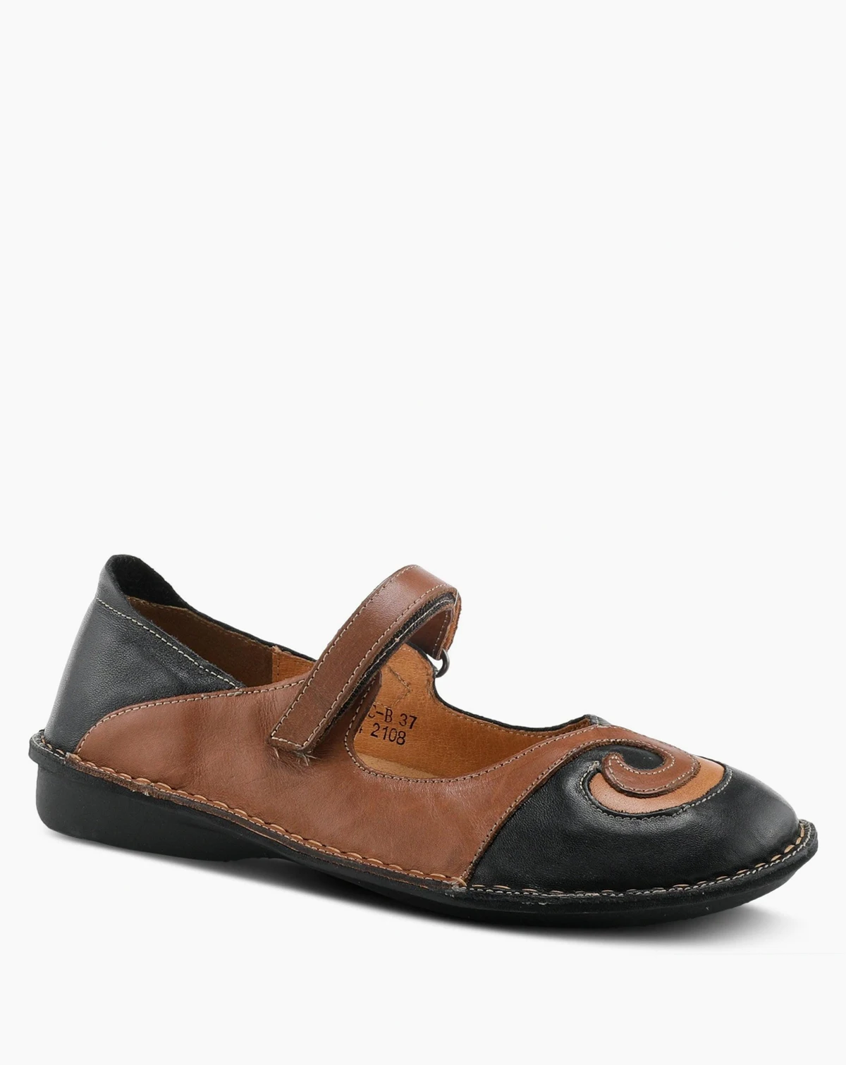 COSMIC Leather Mary Jane Flats with Hook-and-Loop Strap and Contrast Stitching