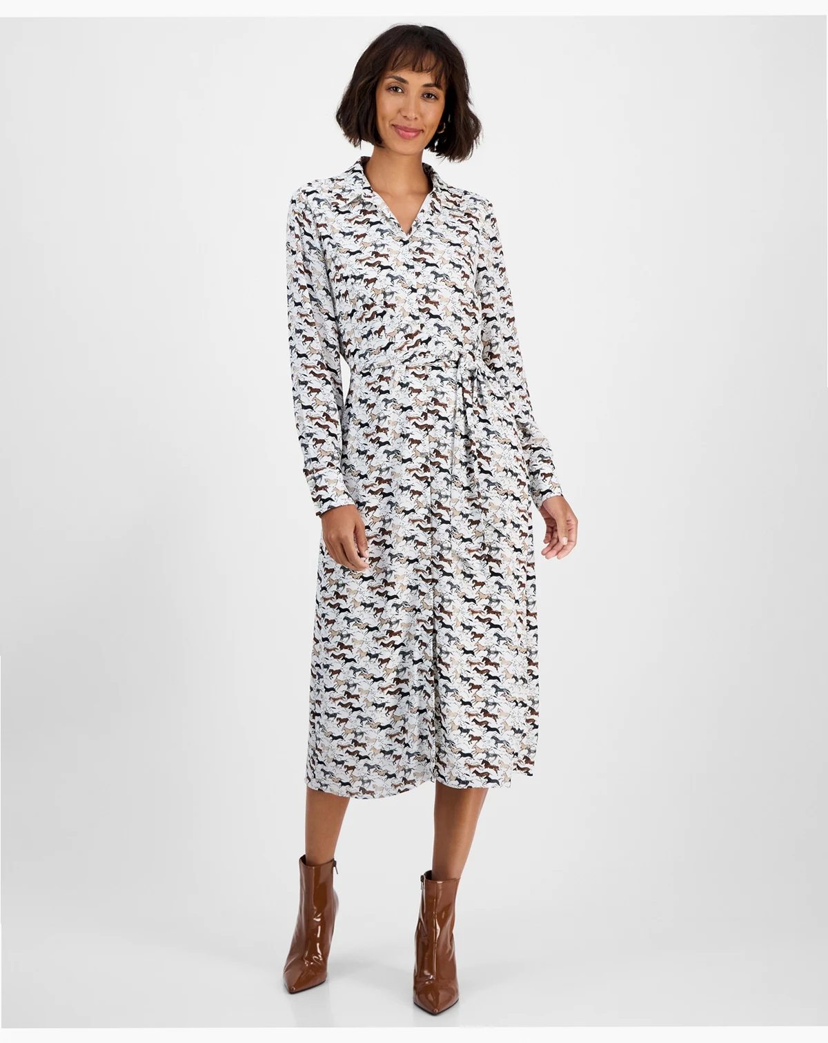 Women's Horse-Print Button-Front Long-Sleeve Dress