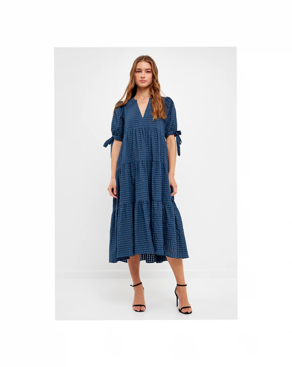 Women's Gingham Tiered Midi Dress with Bow Tie Sleeves