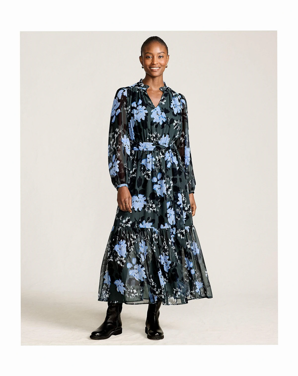 Women's Chiffon Tiered Long Sleeve Maxi Dress