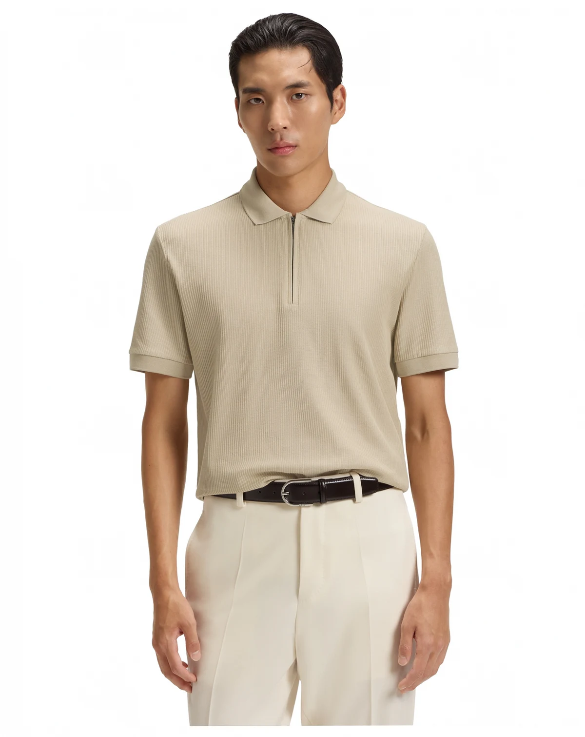 Men's Zip Placket Structured-Cotton Polo Shirt