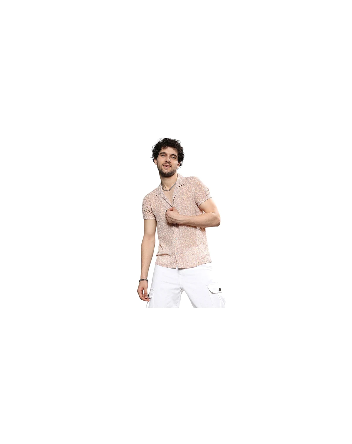 Men's Beige Washed Flowers Seld-Design Shirt