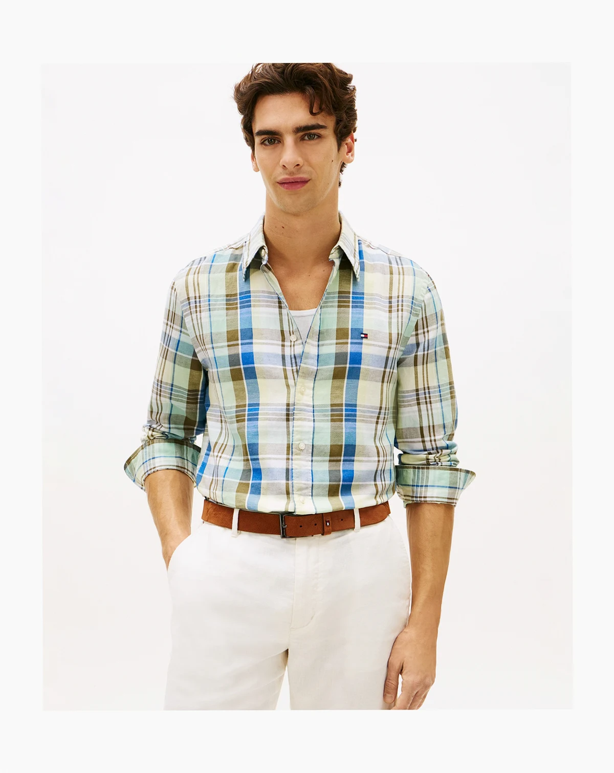 Men's Linen-Blend Madras Check Regular-Fit Shirt