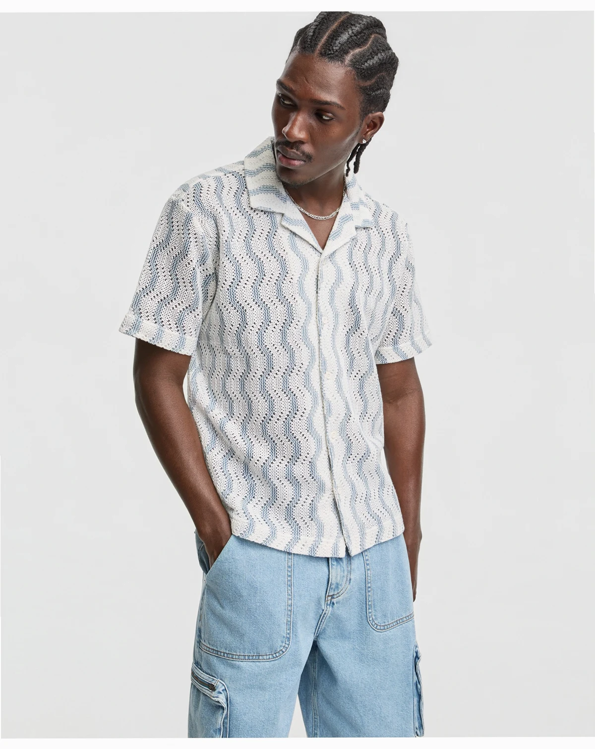 Men's Short-Sleeve Relaxed Wave-Knit Camp-Collar Shirt, Macy's Exclusive