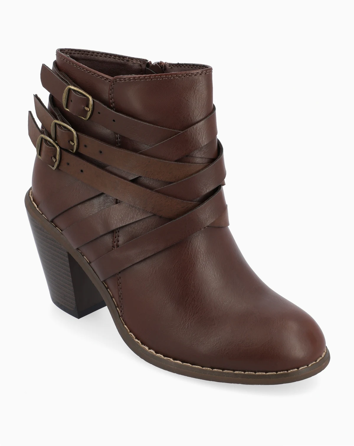 Women's Strap Round Toe Stacked Heel Dress Booties