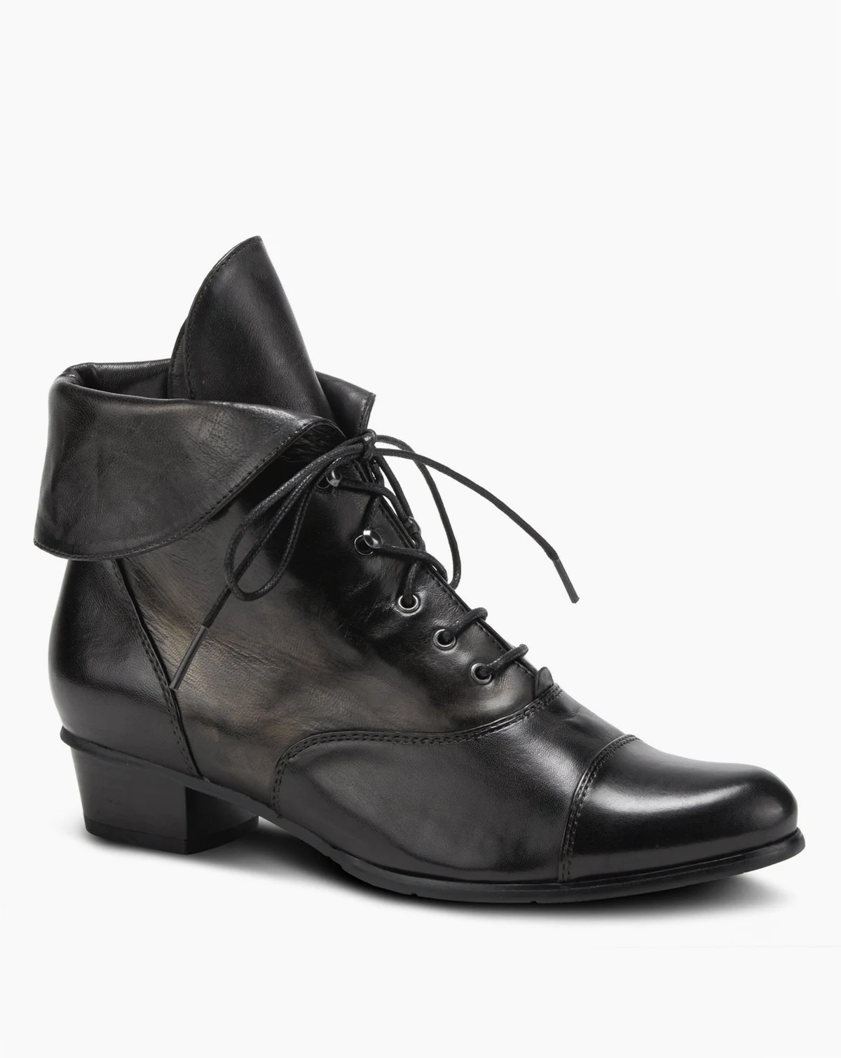 Galil Polished Leather Lace-Up Bootie with Fold-Over Cuff and Stacked Heel