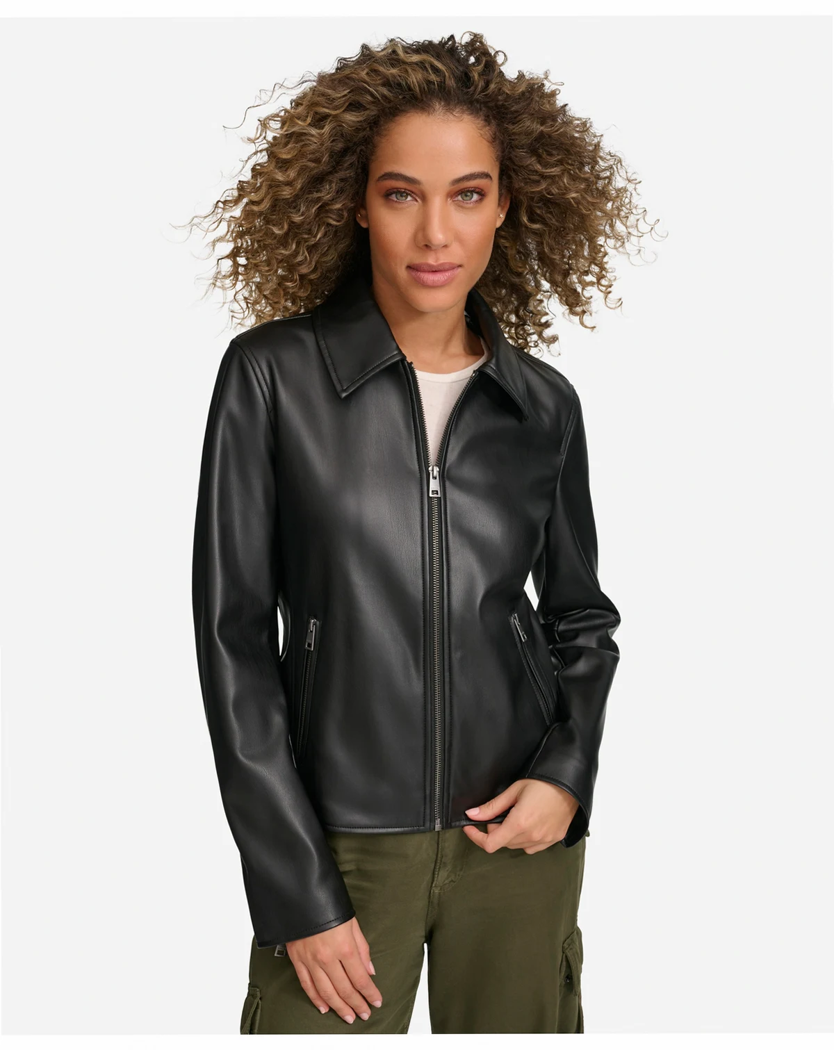 Women's Faux Leather Laydown Collar Jacket