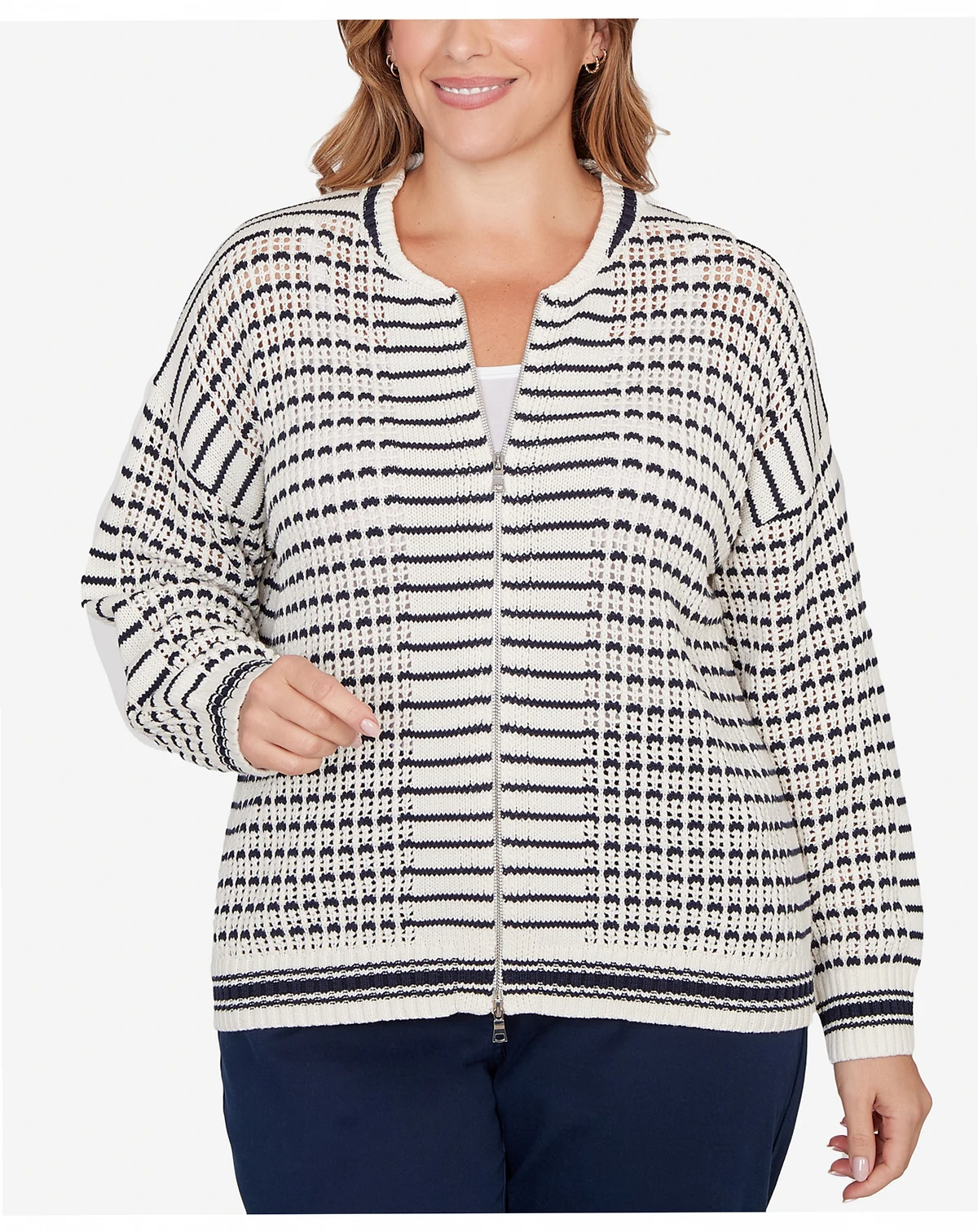 Plus Size Mesh Stitch Zip Sweater Jacket